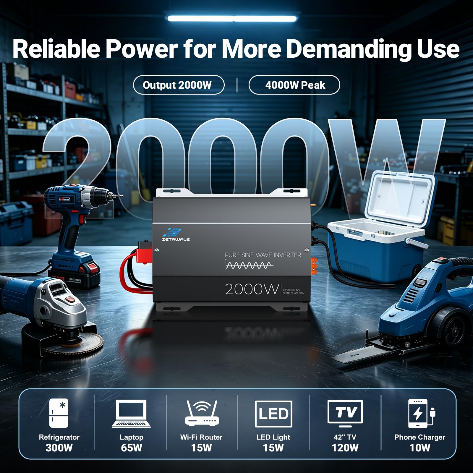 2000W 12V DC 110V 120V AC 4 wyjścia AC, USB Type-C, zdalne sterowanie LCD do ciężarówki, RV