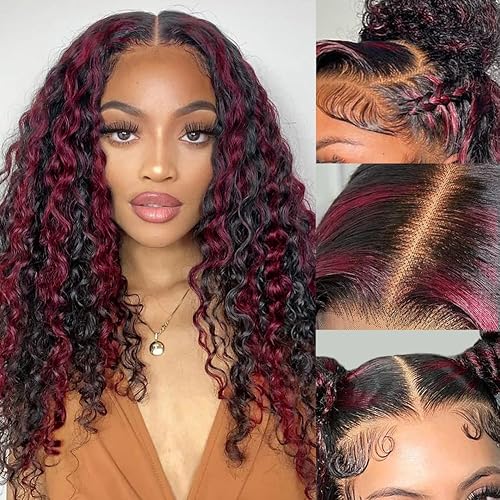 Peluca de cabello humano rizado con reflejos rojos, color burdeos, degradado de 13 x 4, peluca frontal de encaje HD predepilada con abuelitos,