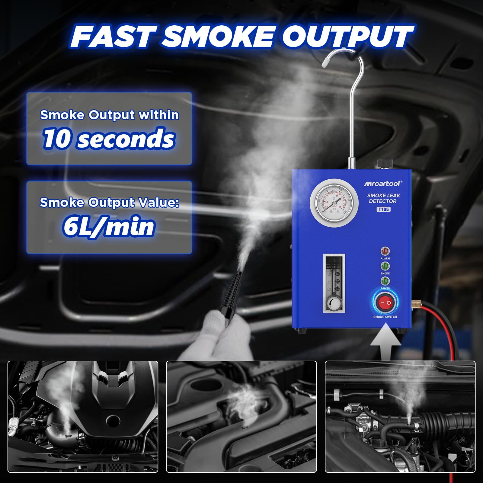 Tester di perdite per automobili con macchina del fumo T105, con pompa dell'aria integrata e manometro, tester diagnostico EVAP e rilevatore di perdite di carburante per tubazioni, per veicoli a 12V