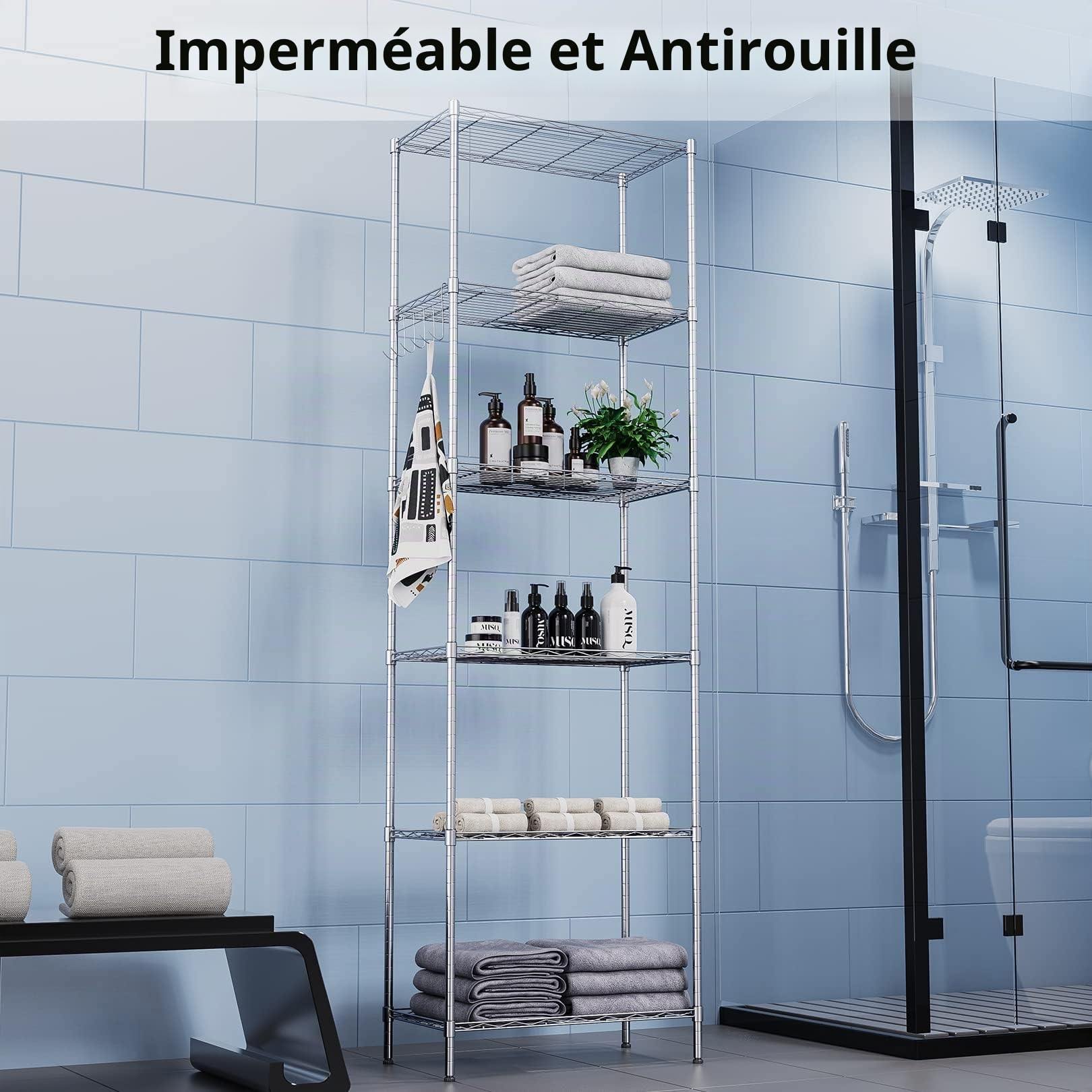oliote 6 étagères, 6 étagères en Fil, étagère de Cuisine, étagère en métal avec Crochets latéraux chromés, 54 x 29 x 160 cm, argenté