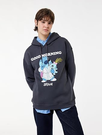 Stitch Lisanslı Kapüşonlu Uzun Kollu Baskılı Oversize Sweatshirt