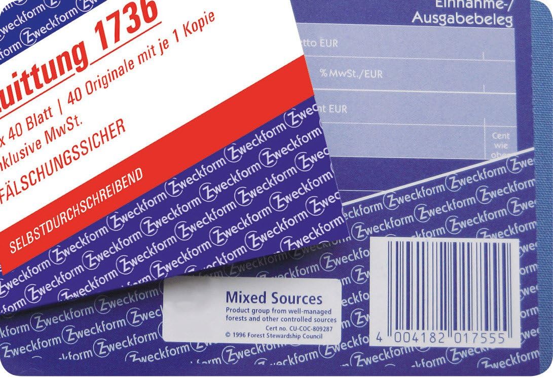 Avery Zweckform Receipt VAT Shown Separately 1st 2nd and 3rd Page Printed Non-Carbon Paper A6 Across, 3 x 40 Pages (German Text)
