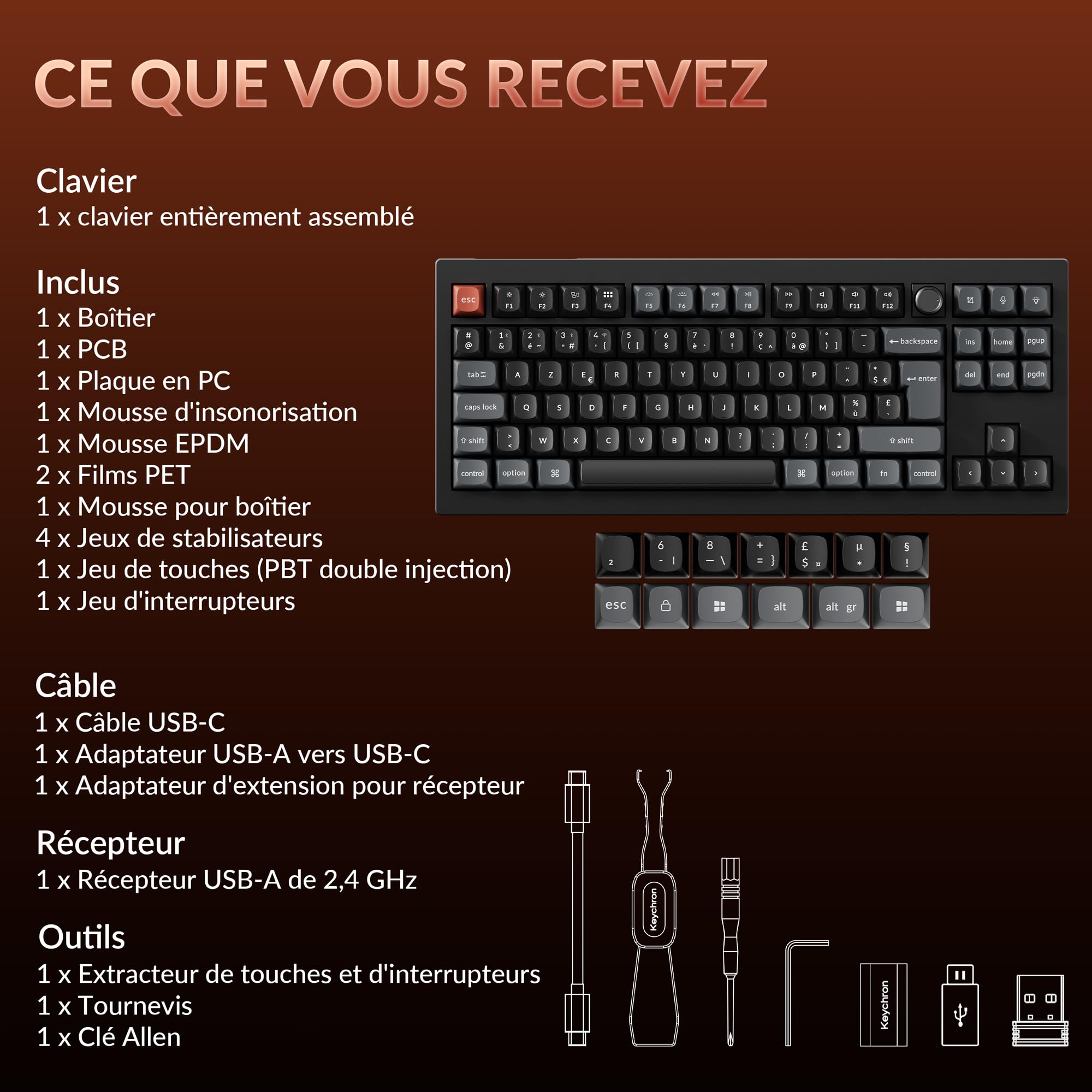 Keychron V3 Ultra ZMK Clavier Mécanique sans Fil, TKL ISO-FR Layout, 8K Polling Rate, 2,4 GHz/Bluetooth 5.3 /Filaire, RGB, Pré-lubrifiés, pour Mac, Windows et Linux, Interrupteurs Rouges Silk Pom