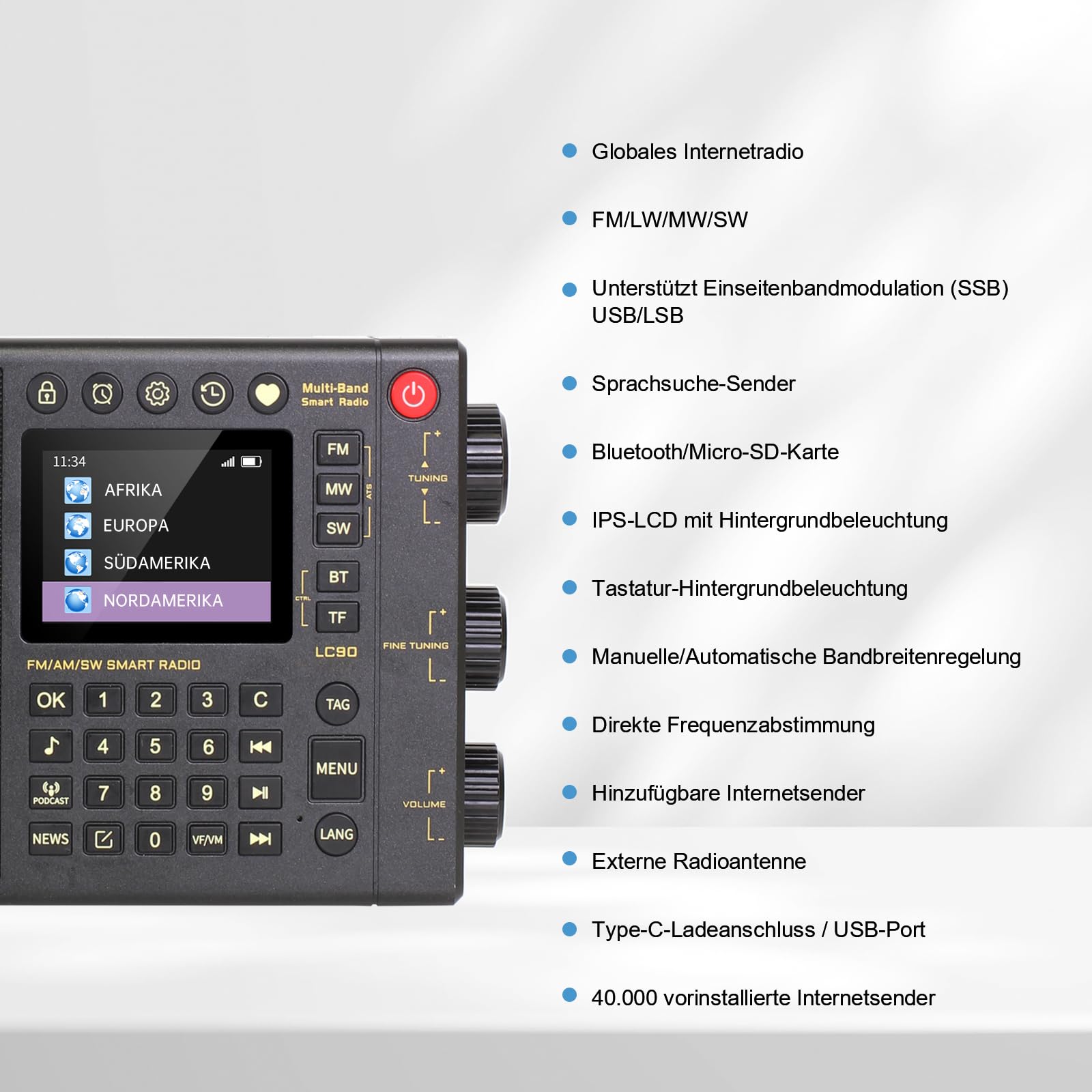 CHOYONG LC90 Multi-Band Smart Internet Radio Tragbares AM/FM, Lang- & Kurzwellenradio mit WiFi, Bluetooth, TF Karte choyoung