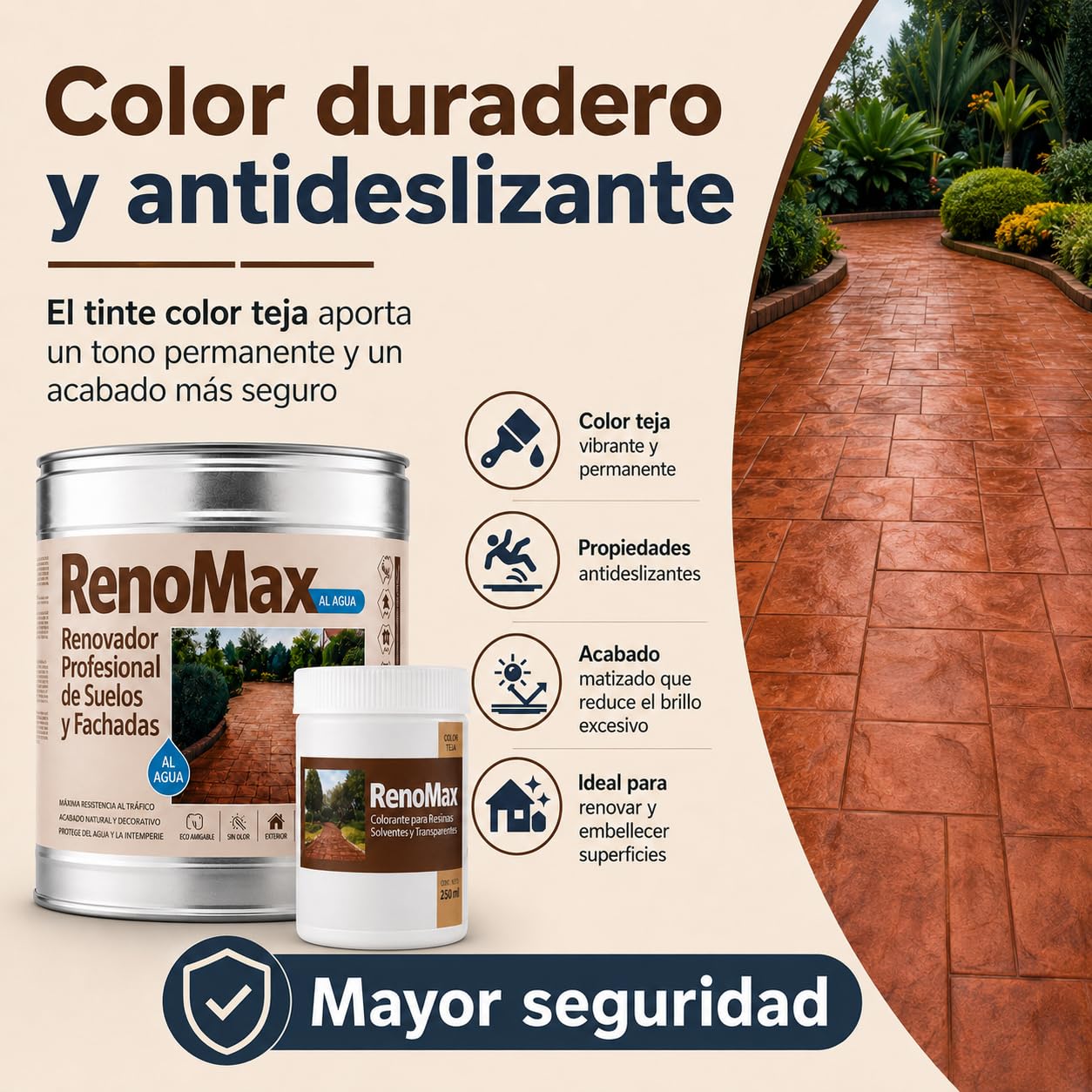 Renomax - Resina Hormigon Impreso y Superficies Porosas Al Agua + Tinte Hormigon Impreso Color Cemento, 5L Cubre hasta 50m² | Repara y Protege Suelos,Fachadas | Fácil de Aplicar, Garantía 5 Años