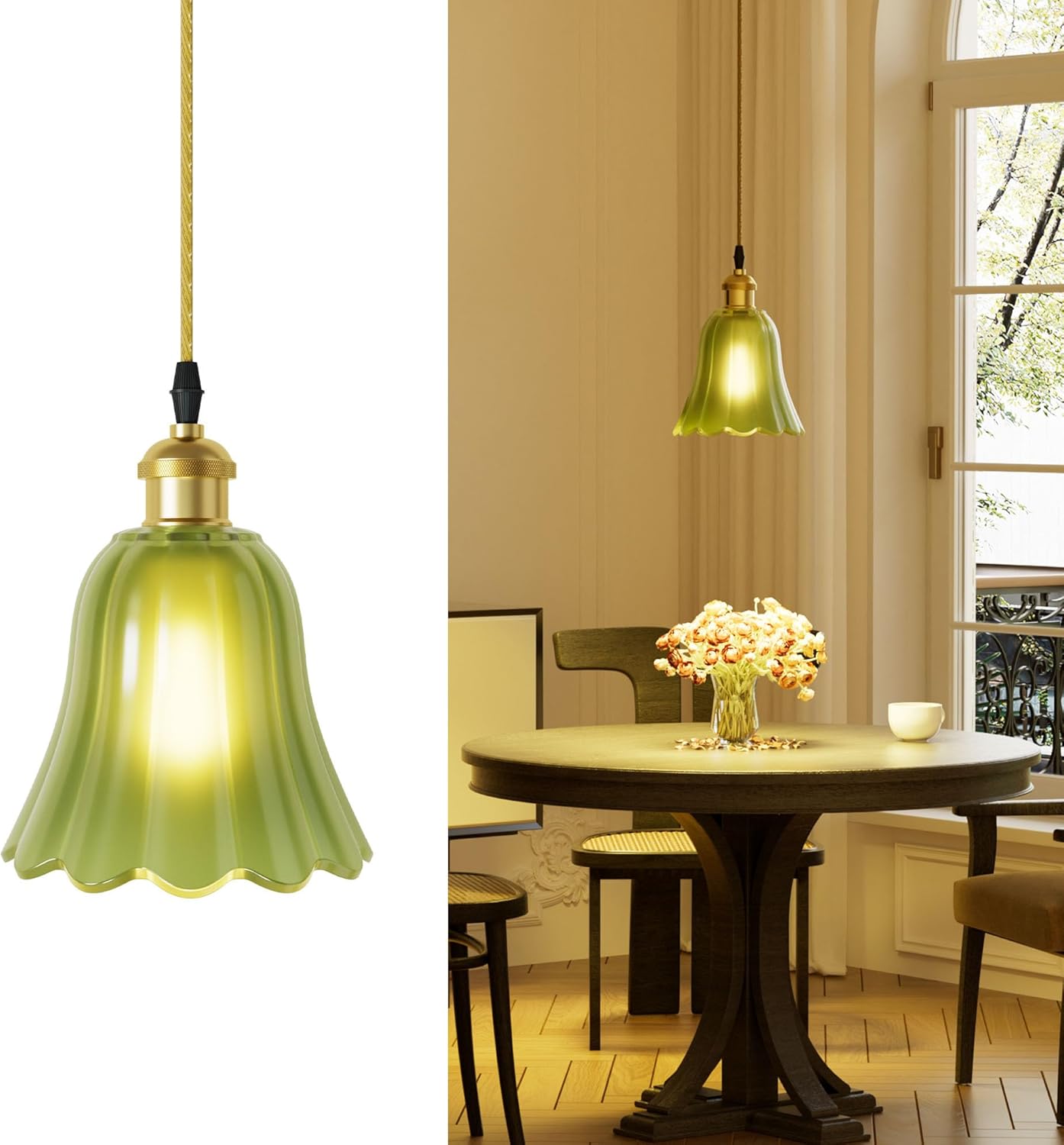 Pendant Light with Vintage Green Glass Petal Lampshade,Height-Adjustable Pendant Lamp Hanging Light for Kitchen Island Dining Room,Dimmable Farmhouse Elegant Island Light with Bulb Hardwired