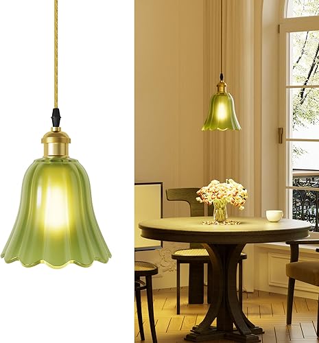 Lámpara colgante con pantalla de pétalos de cristal verde vintage, lámpara colgante ajustable en altura para cocina, isla comedor, elegante lámpara