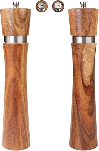 Juego de molinillo de sal y pimienta de madera, molinillos de sal de acacia y pimienta recargables, molino de pimienta con grosor ajustable,