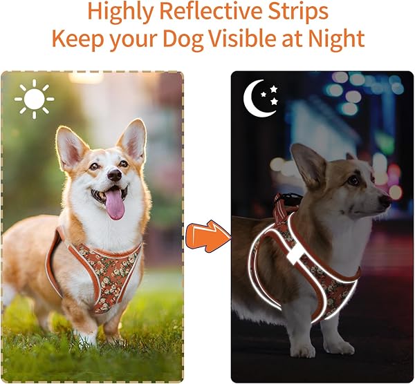 HEELE Arnes Perro Pequeño con Lineas Reflecantes Arnés Perro Antitirones Ajustable Suave Acolchado Cómodo para Viajar Pasear con Mascota, Flores Nanranja, S - 4