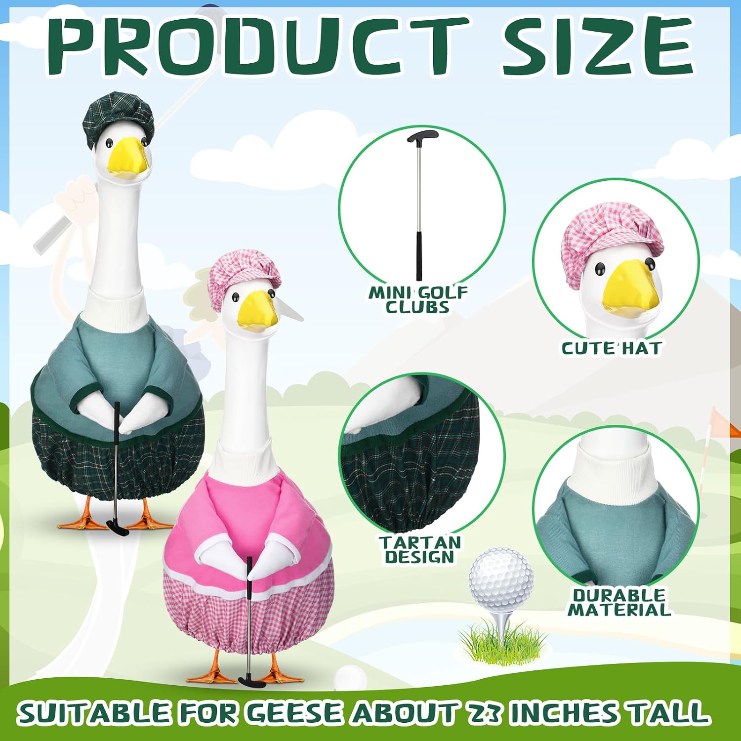 Abbylike 2 Set Golf Porch Goose Outfits with Clubs Pins for 23" Lawn Geese image 3