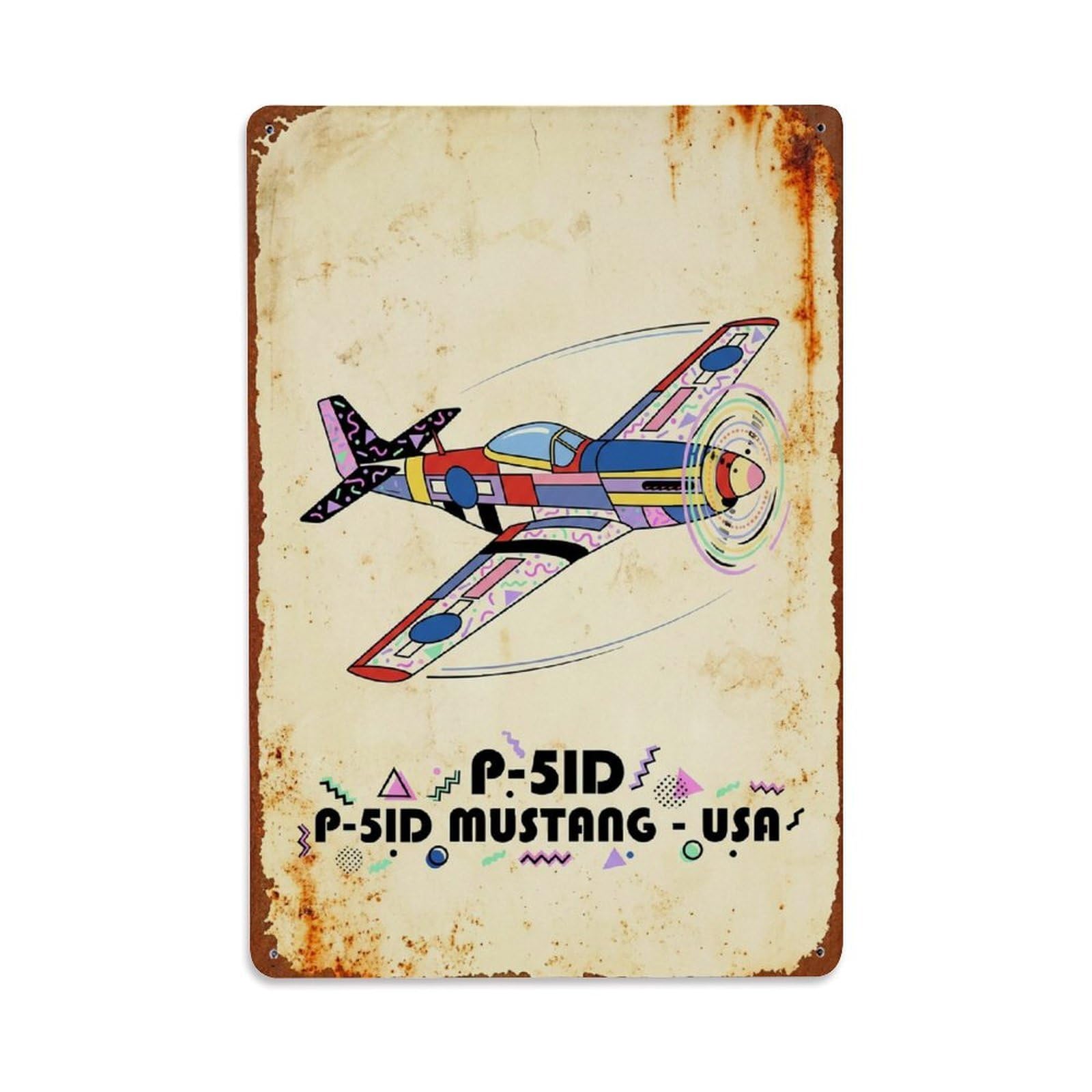 Colorblock P-51D Mustang WWII Fighter Aircraft Metal Tin Sign Plaque Wall Decor for Cafe, Man Cave, Club Bar, Office, Home Garden Round Metal Poster 8x12Inch