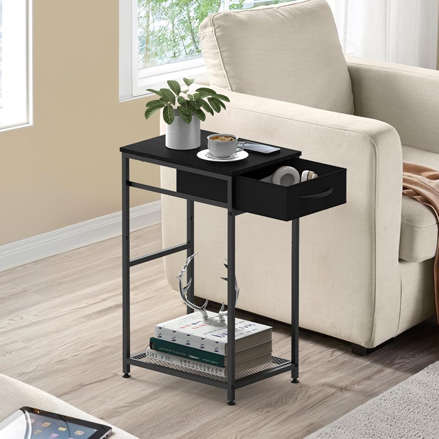 CADUKE 2 Tier PC Stand - Black Computer Tower Stand with Fabric Drawer, Modern Printer Stand with Wheels, Under Desk for Office & Study Room