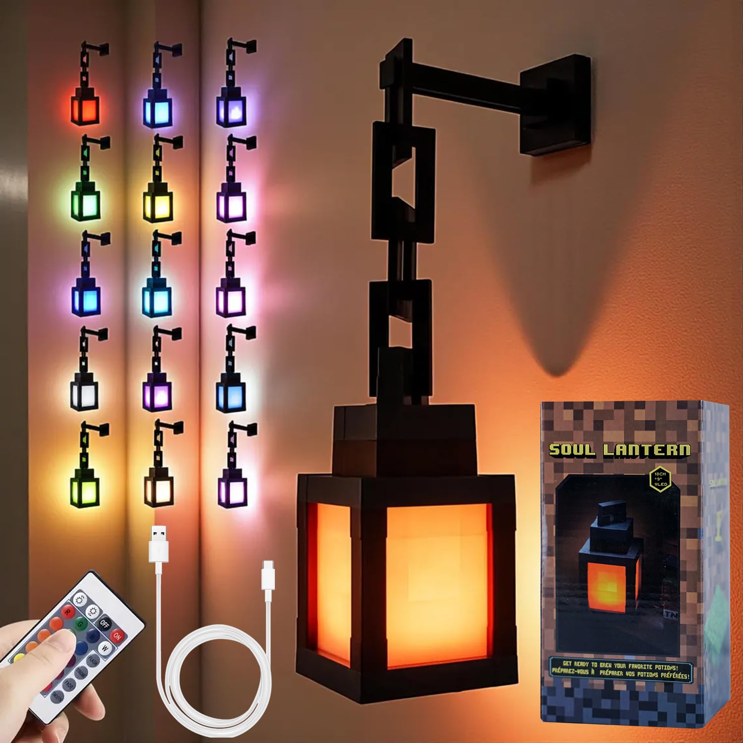 Pixelated Minecraft Lantern Night Light - USB Rechargeable Night Lamp - 16 Colors LED Light Switch & Remote Control - Wall Mounting Lights, Ideal for Room, Game Room Decor, Christmas Gifts for Boys