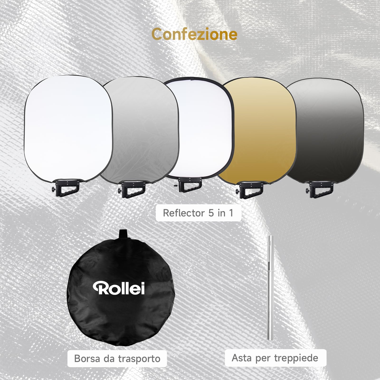 Rollei 5 in 1 Pannello Riflettente Fotografico Pieghevole 60 x 75 cm Light Reflector Leggero e Compatto 600 g per Studio e Illuminazione Esterni, Pannello-Riflettente- Luce-Fotografico-Pieghevole