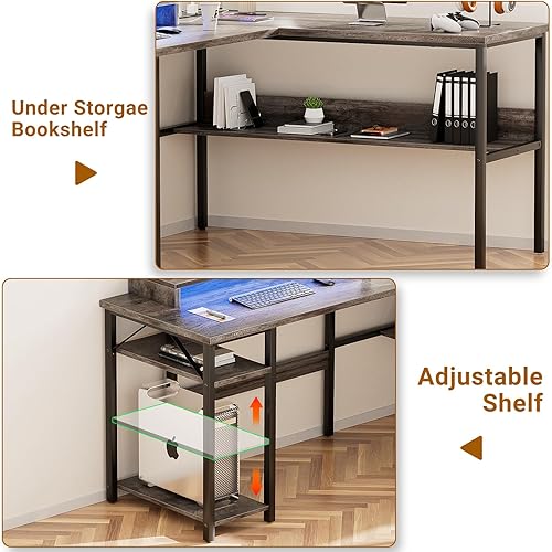 Miniatura 5 de Unikito Escritorio reversible en forma de L con tomas de corriente y luz LED RGB, escritorio robusto para computadora con soporte ergonómico para