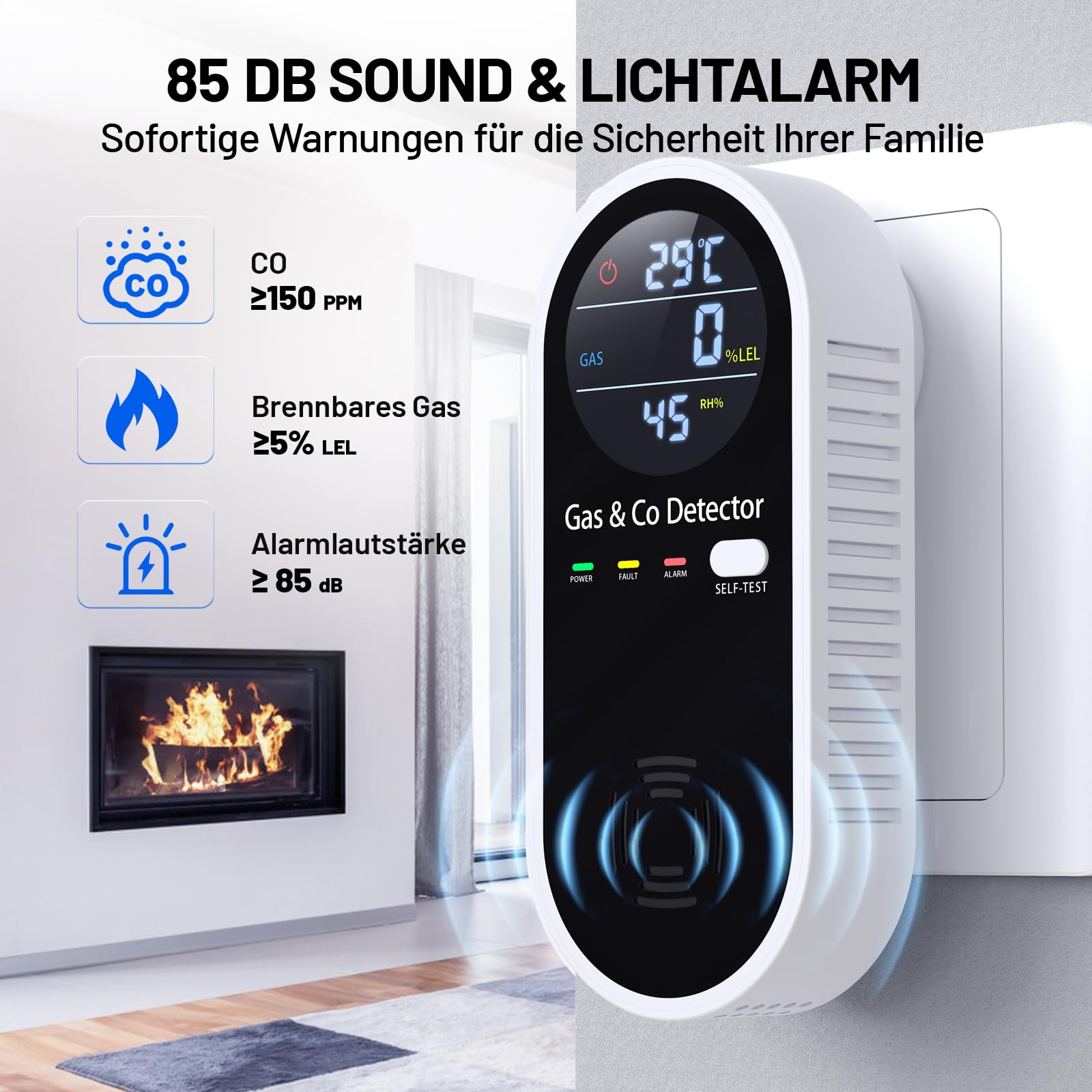 Kohlenmonoxid Melder & Gasmelder 4-in-1 – CO Melder mit Temperatur- & Feuchtigkeitssensor, akustischer & visueller Alarm, Plug & Play – Für Zuhause, Garage und Werkstatt – YOJOCK