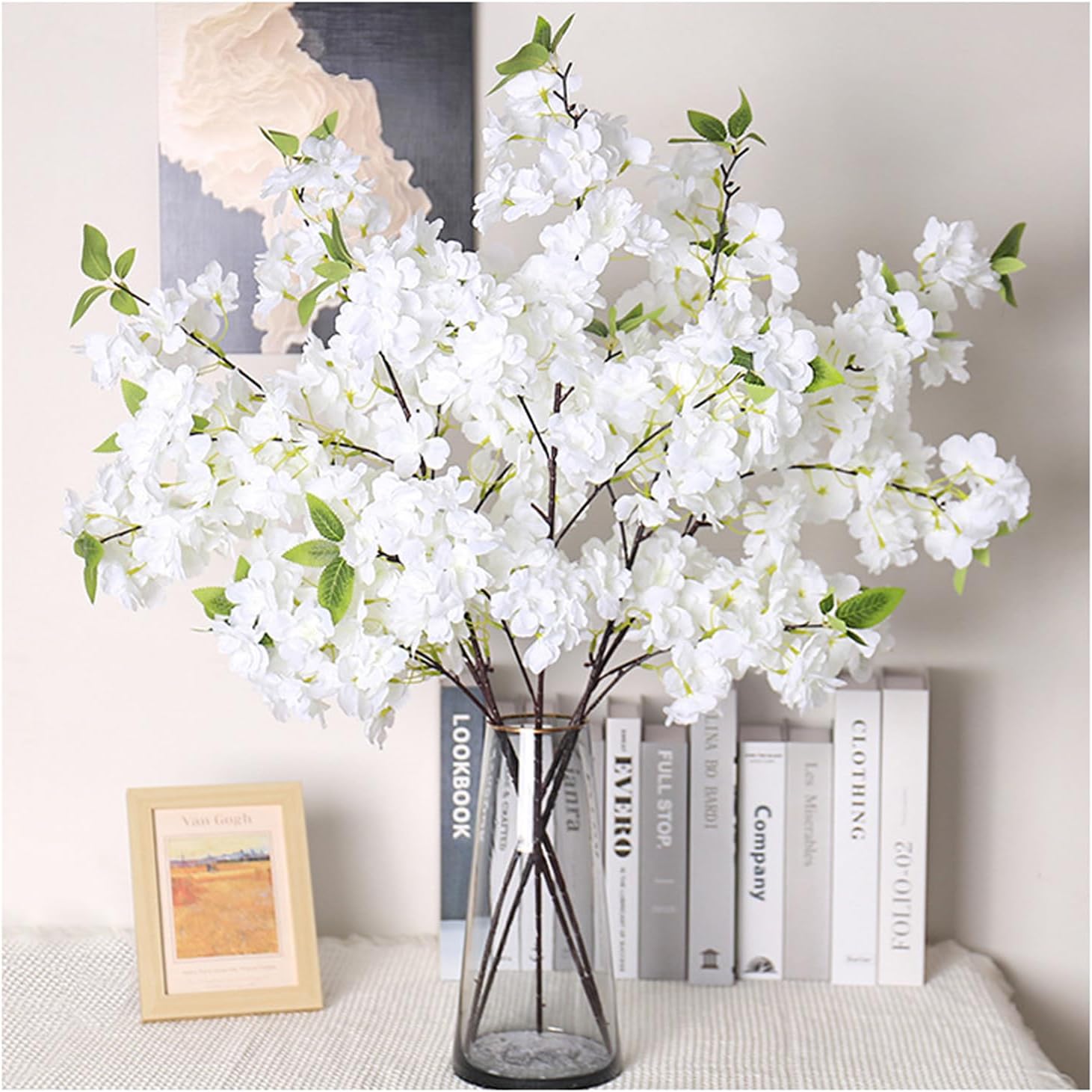 3Pcs Artificial Cherry Blossom Branches - Pink Silk Faux Peach Flowers Stems with Leaves Fake Plants for Vase Home Wedding Outdoor Spring Garden Decoration (White)