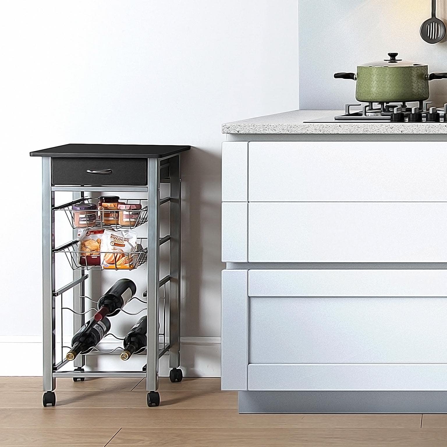 Versa Leicester Keukenwagen met wielen, laden en flessenrek, Groentenopberger met voorraadkast en opbergers, Keukenopberger, Afmetingen (H x B x H) 82 x 40 x 76 cm, Hout en Metaal, Kleur Wit