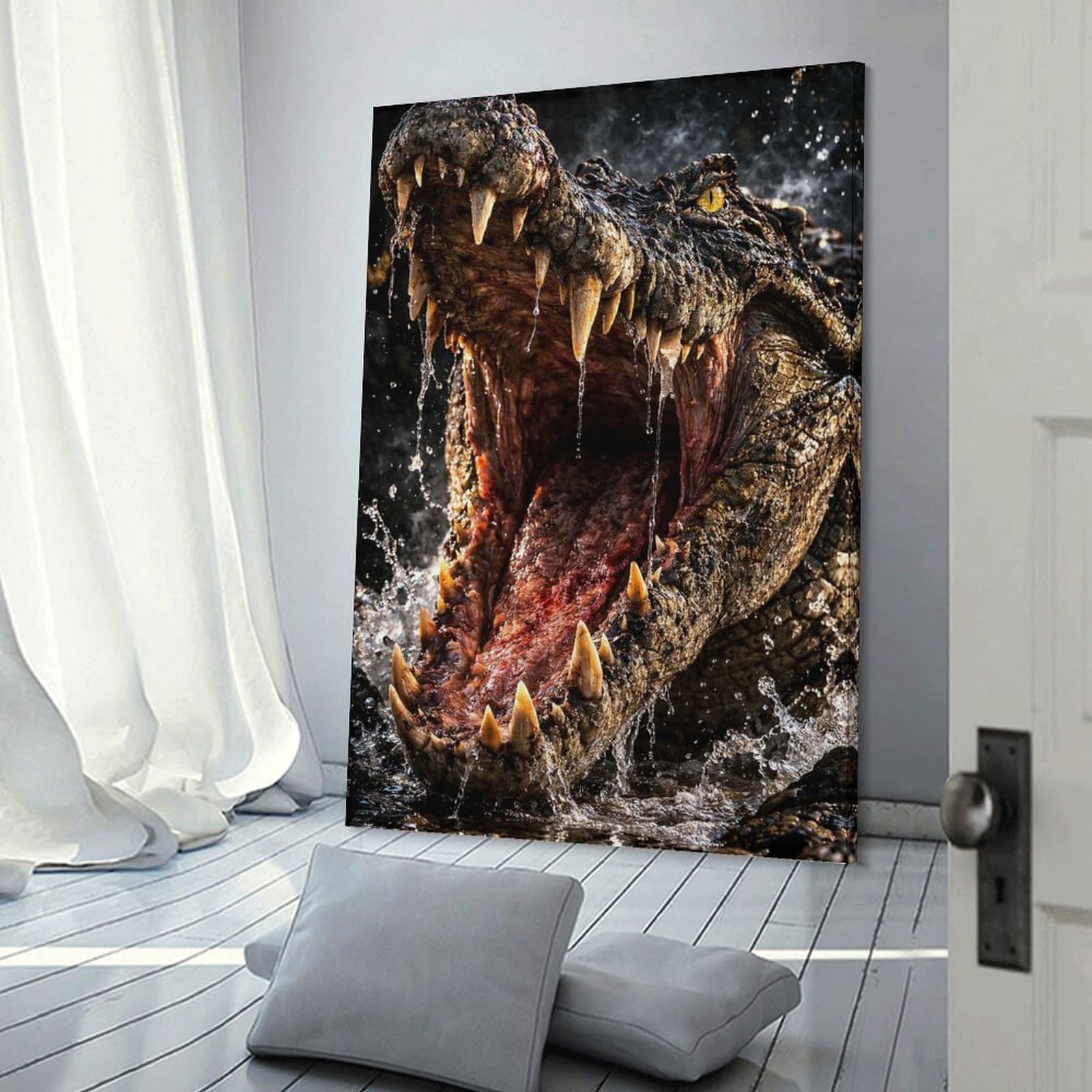 Junmoney Frame-Style-17 Decorative Wall Artwork Aggressive Crocodile With Mouth Open, 20X30inch(50X75cm), For Home, Office, Studio Or Guest Room, A Flexible Wall Accent For Shared Spaces