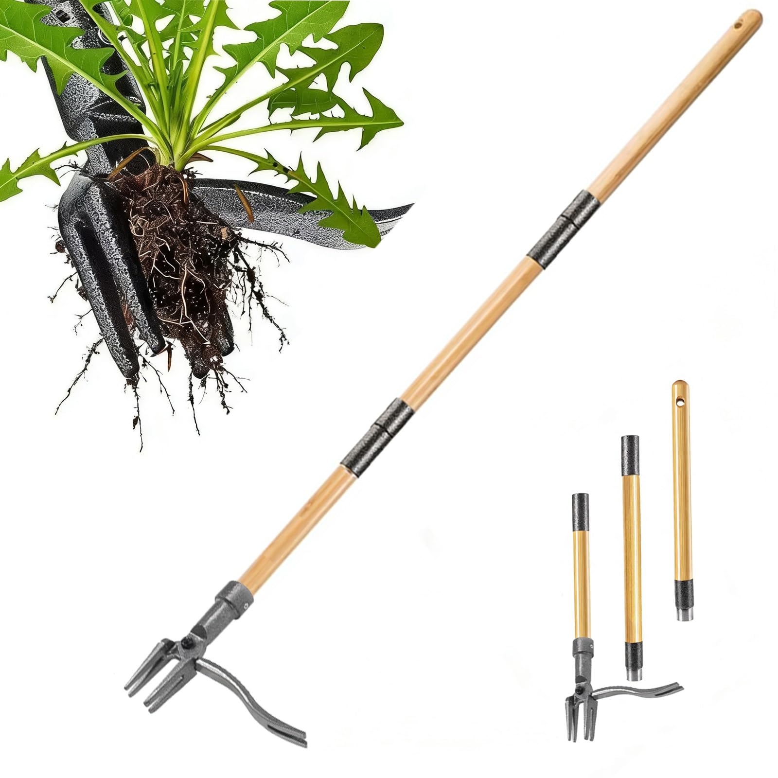 Hokveb Weed Puller Tool 1.1m Long Handle - 4-Claw Steel Head Stand Up Weed Remover, No Bending Kneeling Garden Weeding Tool