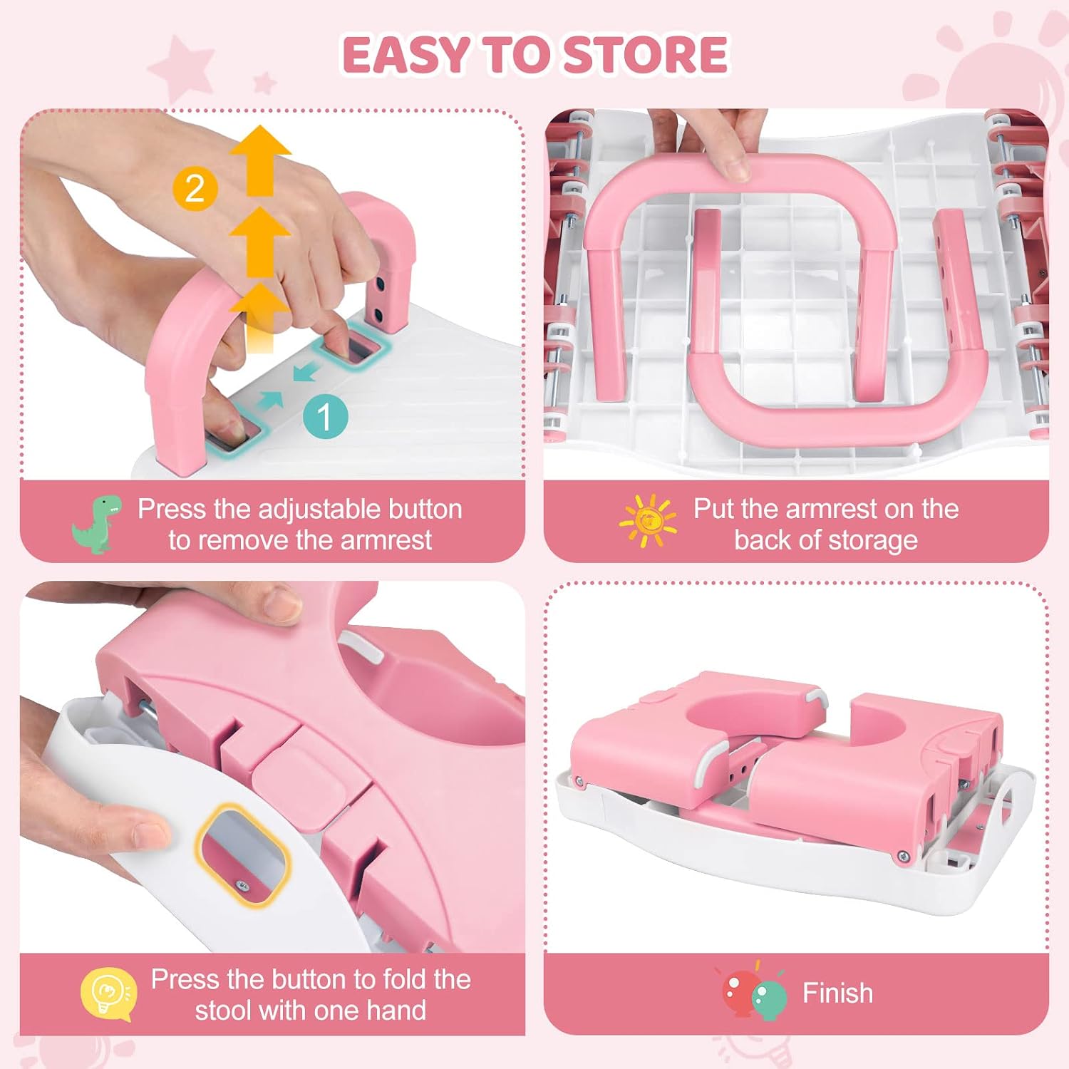 Toddler Step Stool, Foldable Step Stools for Kids, Non-Slip Toddler Stool, Coindivi Toddler Stool with Handle, Kids Step Stools for Toddlers Bathroom, Toilet, Sink, Sitting, Pink Plastic Kids Stool