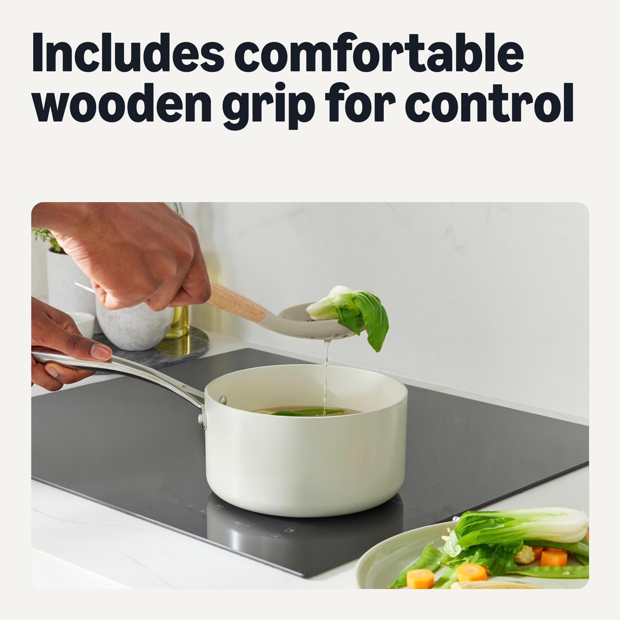 Amazon Basics Silicone Cooking Utensils Set with Wooden Handle, 14-Piece Set, BPA-Free, Utensil Holder Included, Linen Gray