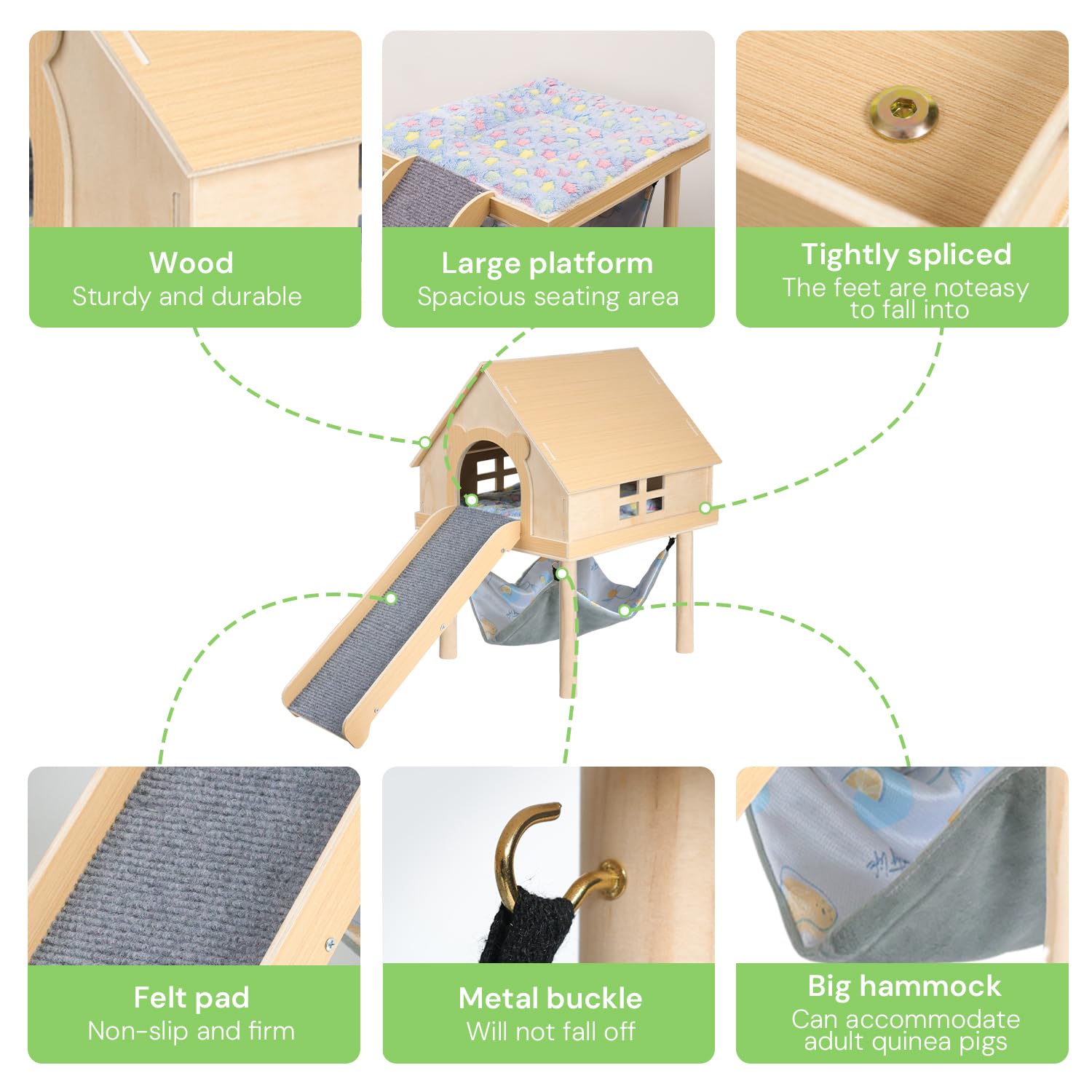 Meerschweinchenversteck - Meerschweinchen-Spielzeug aus Holz mit Treppe und Matte und Hängematte, abnehmbares Doppeldecker-Haus für Hamster, Chinchilla, Frettchen, Meerschweinchen, Zubehör
