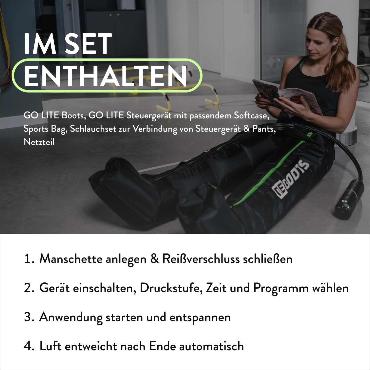 Go Lite Boots – Beinmassagegerät | 180 mmHg | 4 überlappende Kammern | für Zuhause & Unterwegs | Erholung der Muskulatur | XL