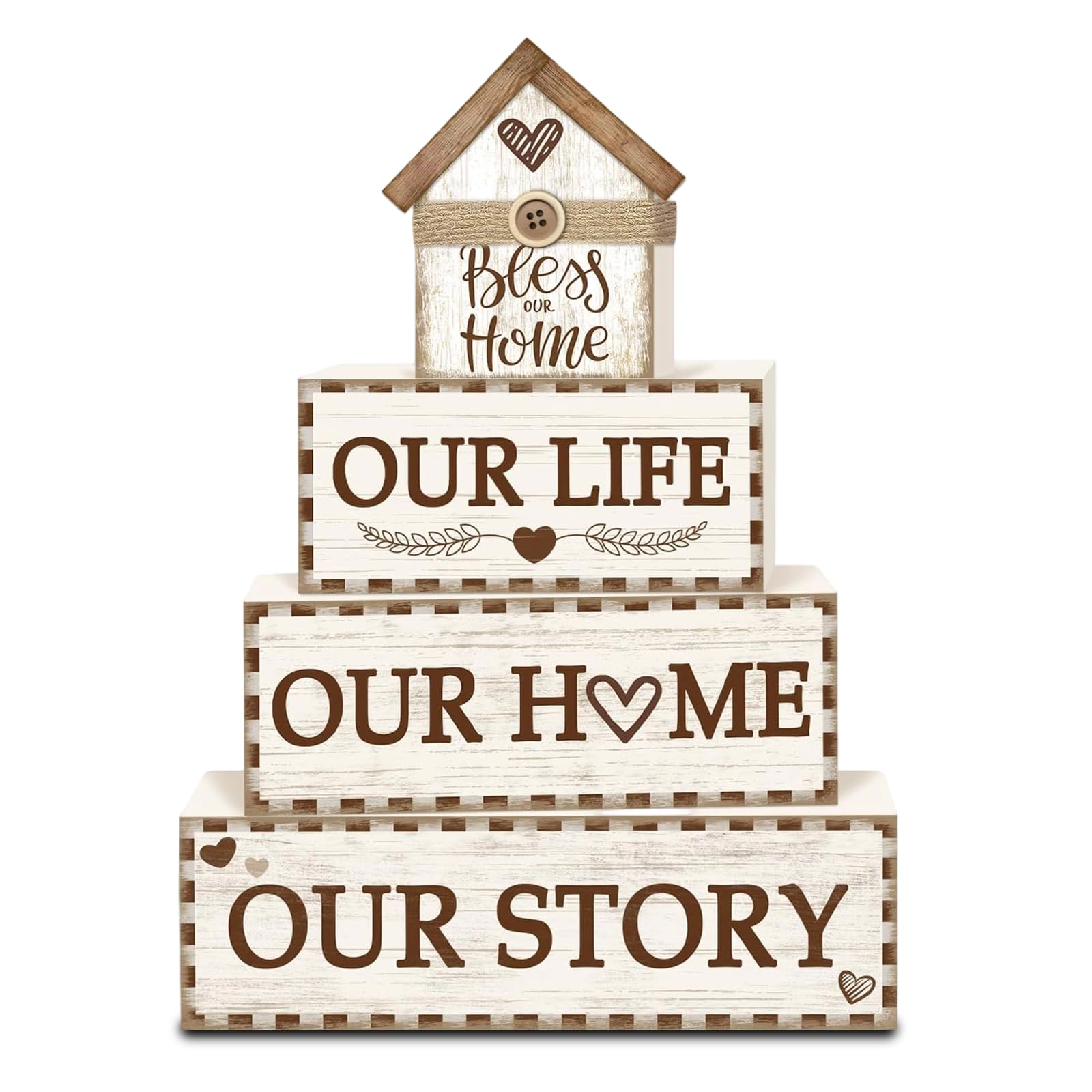 Wooden Ornaments Set, 4 Pcs House Shape Home Decor, Natural Wood Grain Shelf Decorations for Living Room, Entryway and Hallway, Housewarming Gift for New Home