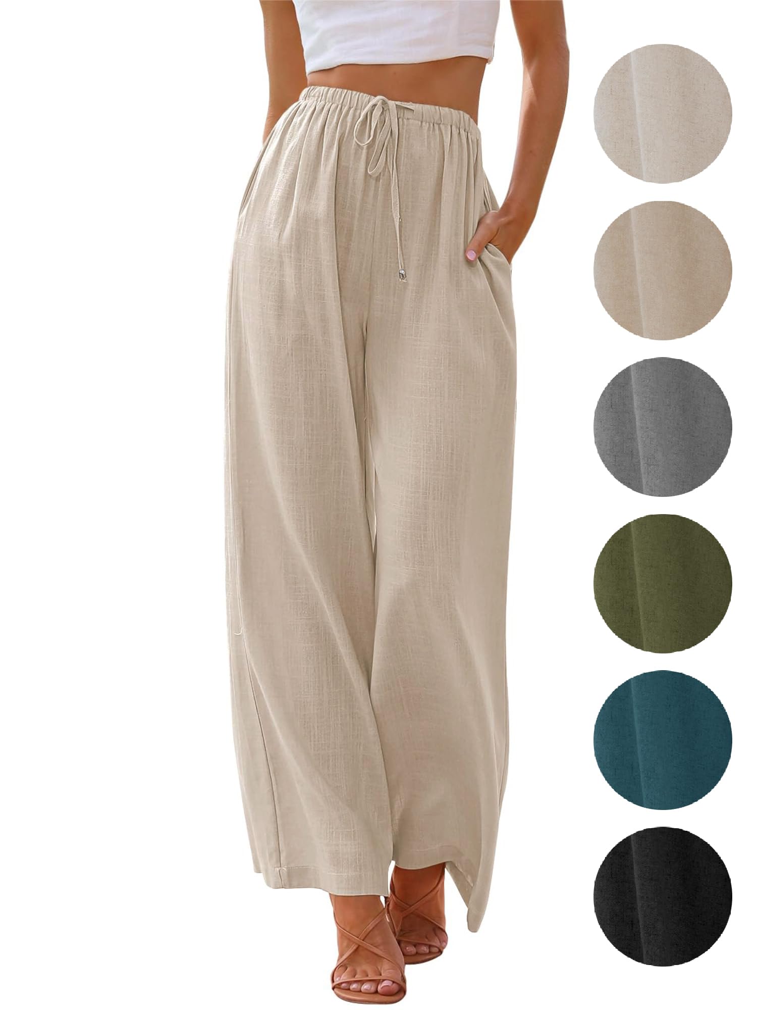 Puimentiua Sommerhose Damen Leicht,Sommer Leinenhosen,Palazzo Hose,Wide Leg Pants,Elegant Stoffhose,Luftig Sommerhosen,Women Leinen,Lockere Hosen mit Weite Bein und Tunnelzug (S-XXL)