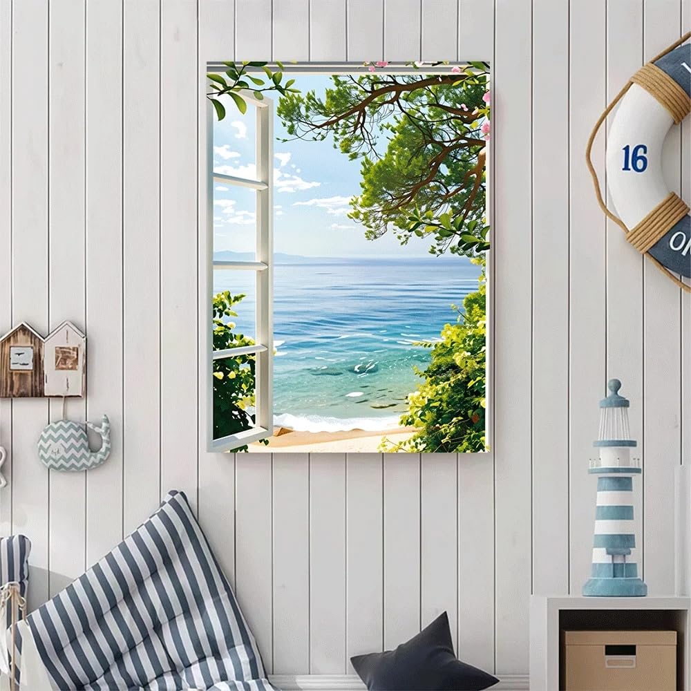 LTjiajuypd Canvas Poster Ocean View Through Window Beach Scene Art Print Summer Home Decor(70x110cm/Frameless)