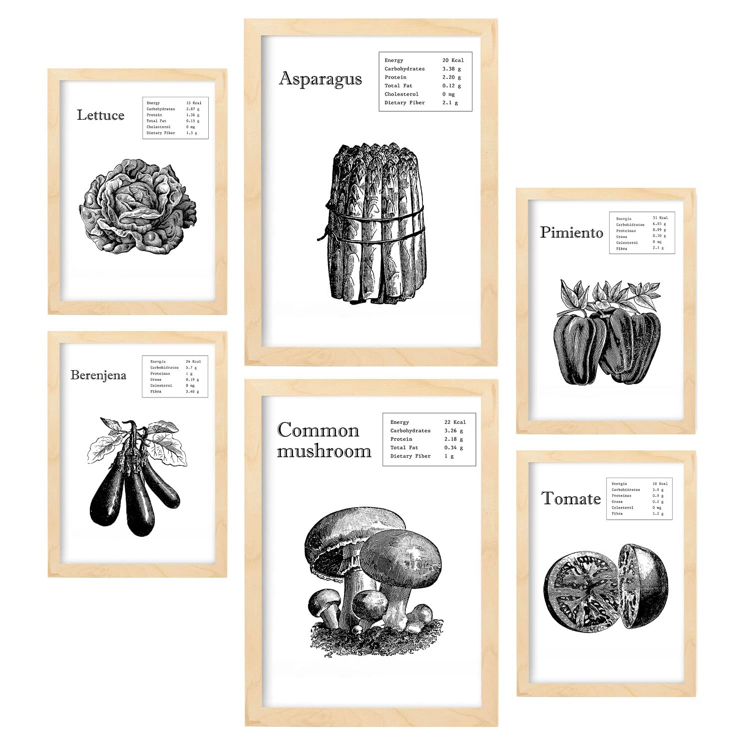 Nacnic Set of 6 Vegetable posters. Collection of posters in collage aesthetic for interior decoration. Sizes A3 and A4. Wooden frame.