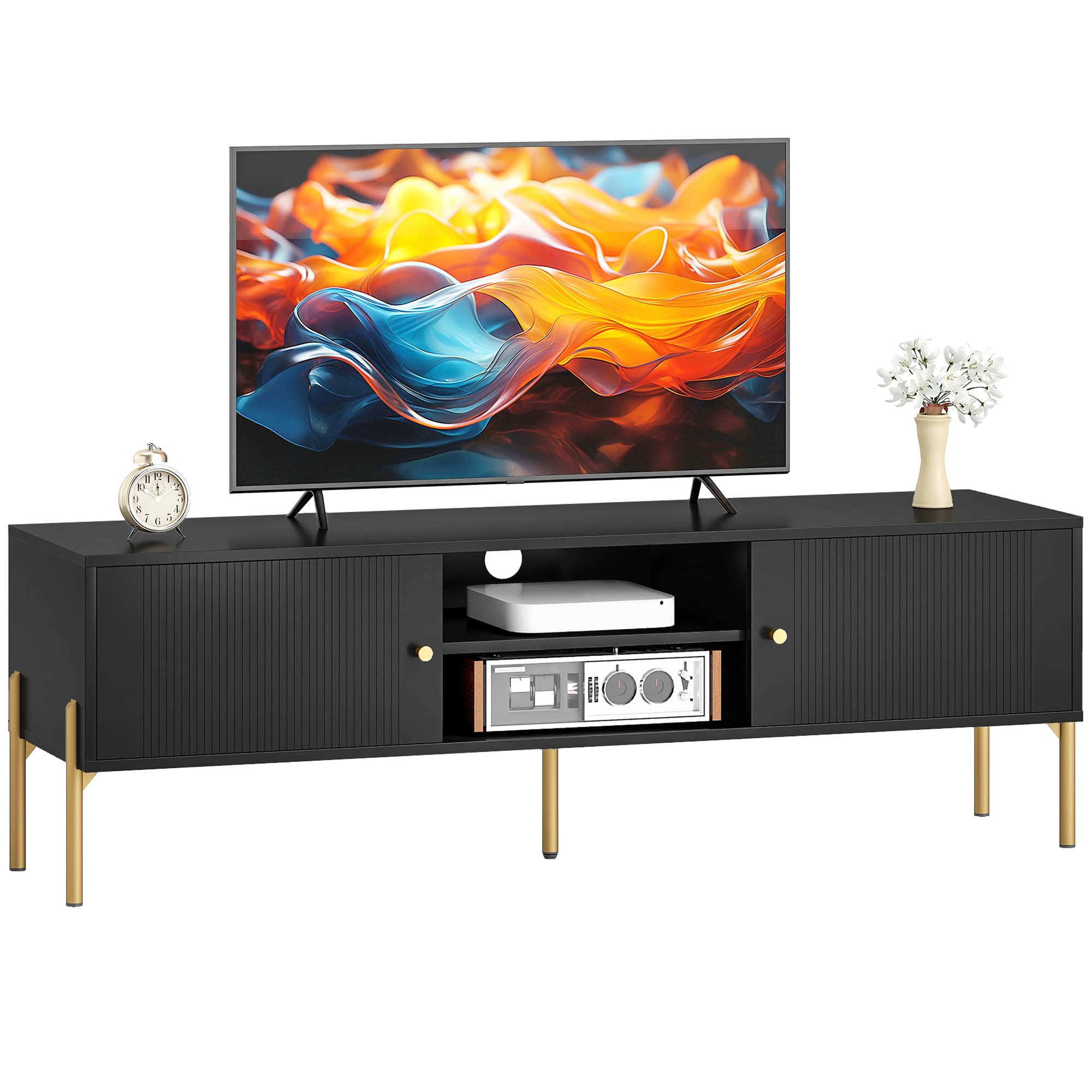 HOMCOM TV Unit for Television up to 65 Inch, Modern Fluted TV Stand Cabinet with 2 Open Shelves, 2 Cabinets and 5 Steel Legs, Entertainment Unit with 2 Cable Holes for Living Room, Black