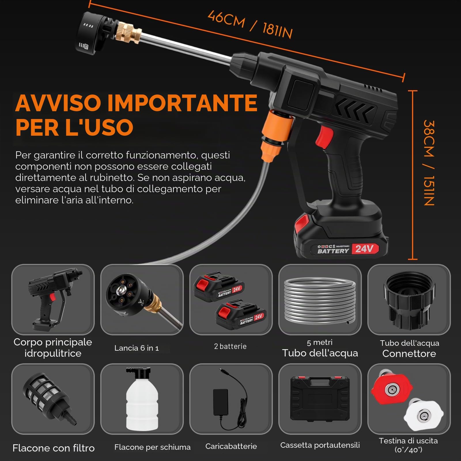 25 Bar Idropulitrice a Batteria, Idropulitrice Portatile con 2 Batterie 2000mAh, 6 in 1 Ugello, Tubo da 5M, Serbatoio in Schiuma, Adatto per la Pulizia di Auto, Pavimenti ad alta pressione
