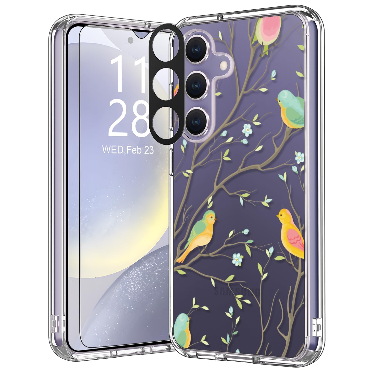 bicol for Samsung Galaxy S24 Case with Screen Protector and Camera Lens Protector - Fashionable Floral Designs for Women Girls - Shockproof Acrylic Clear Phone Cover 6.1" - Coloed Birds