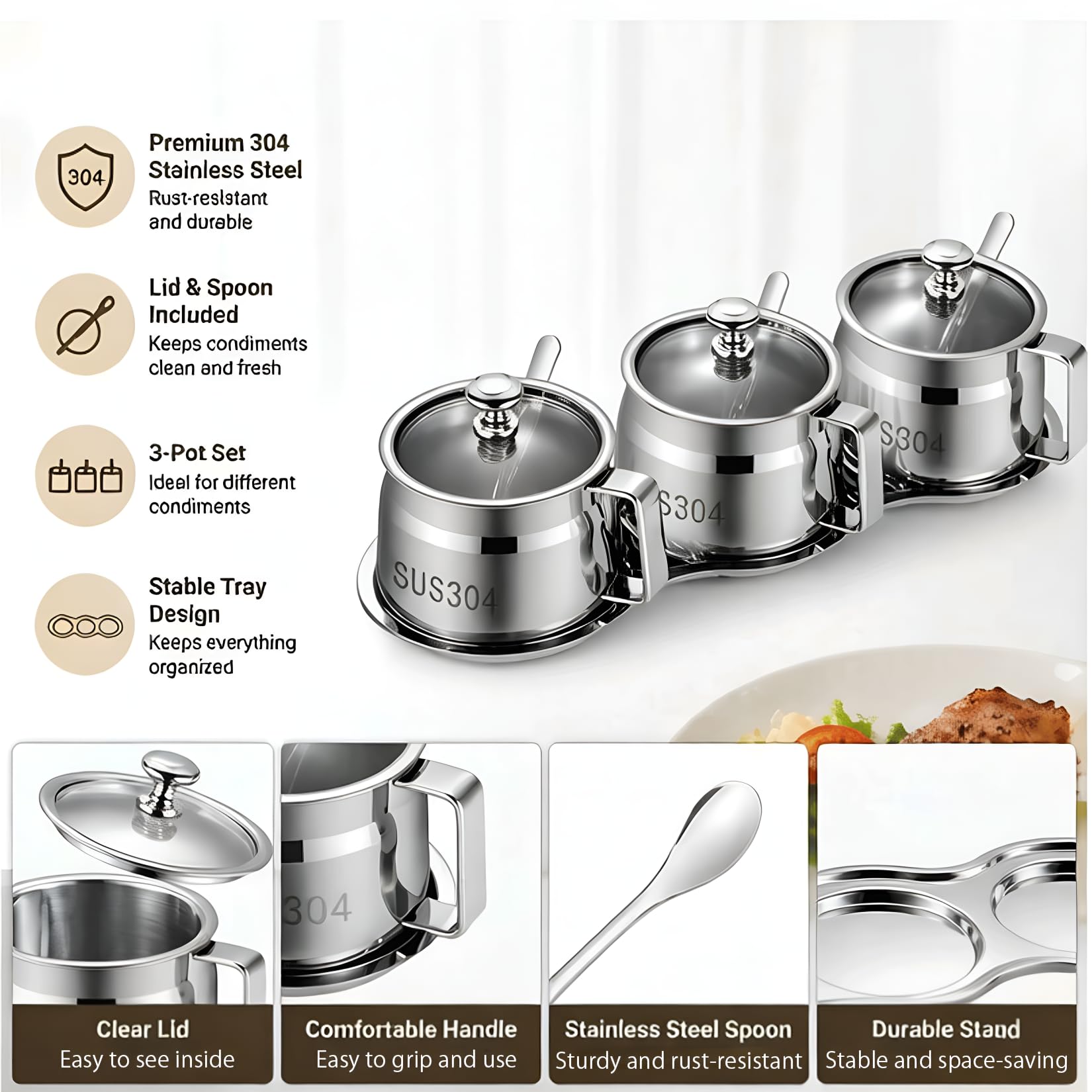 Juego de 3 tarros de especias de acero inoxidable 304, para condimentos con tapas transparentes, cucharas y bandeja, recipientes para condimentos aptos para alimentos para sal, azúcar, pimienta()
