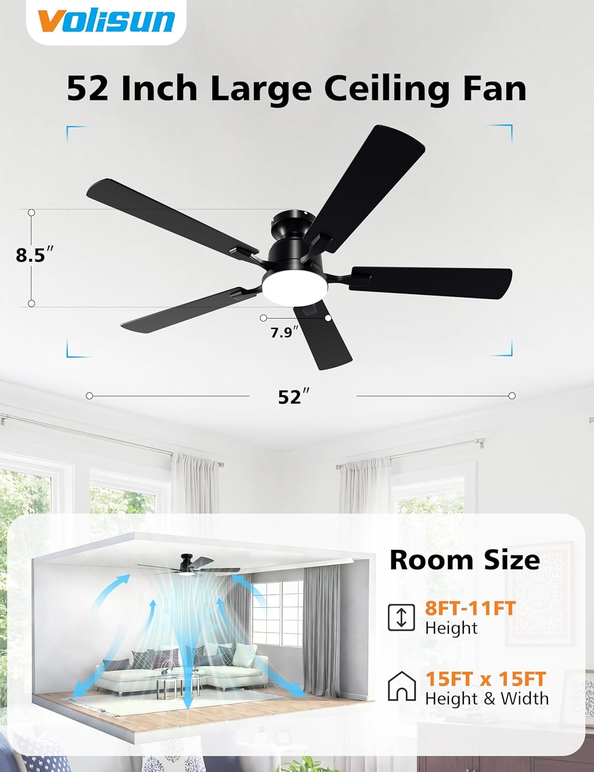 VOLISUN 52 Inch Ceiling Fan with Lights Flush Mount, Low Profile Ceiling Fans with Lights, Remote&APP Control,Dimmable 22W LED Light,Queit&Reversible Fan, Black Ceilings Fans for Bedroom, Living Room