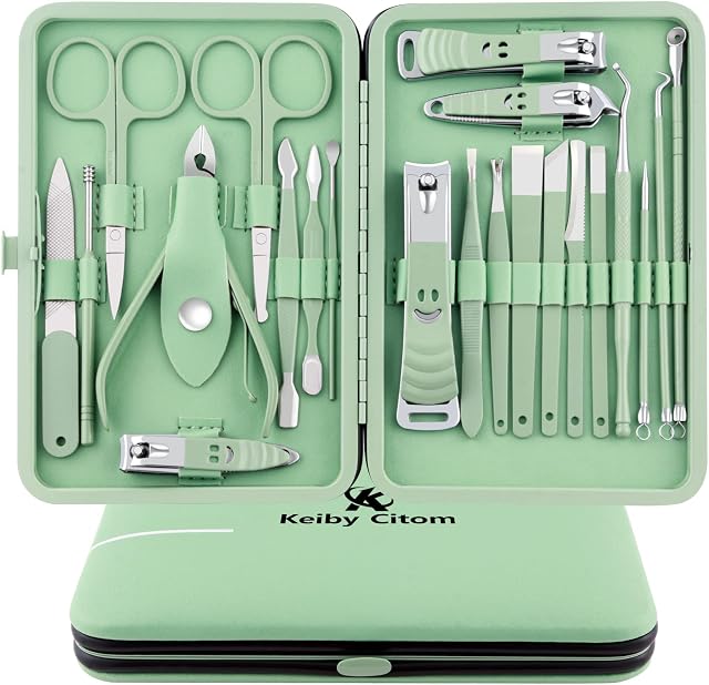 Manicure Set 22pcs Professional Nail Clippers Kit Pedicure Care Tools - Stainless Steel Women Men Grooming Kit for Travel (Green)