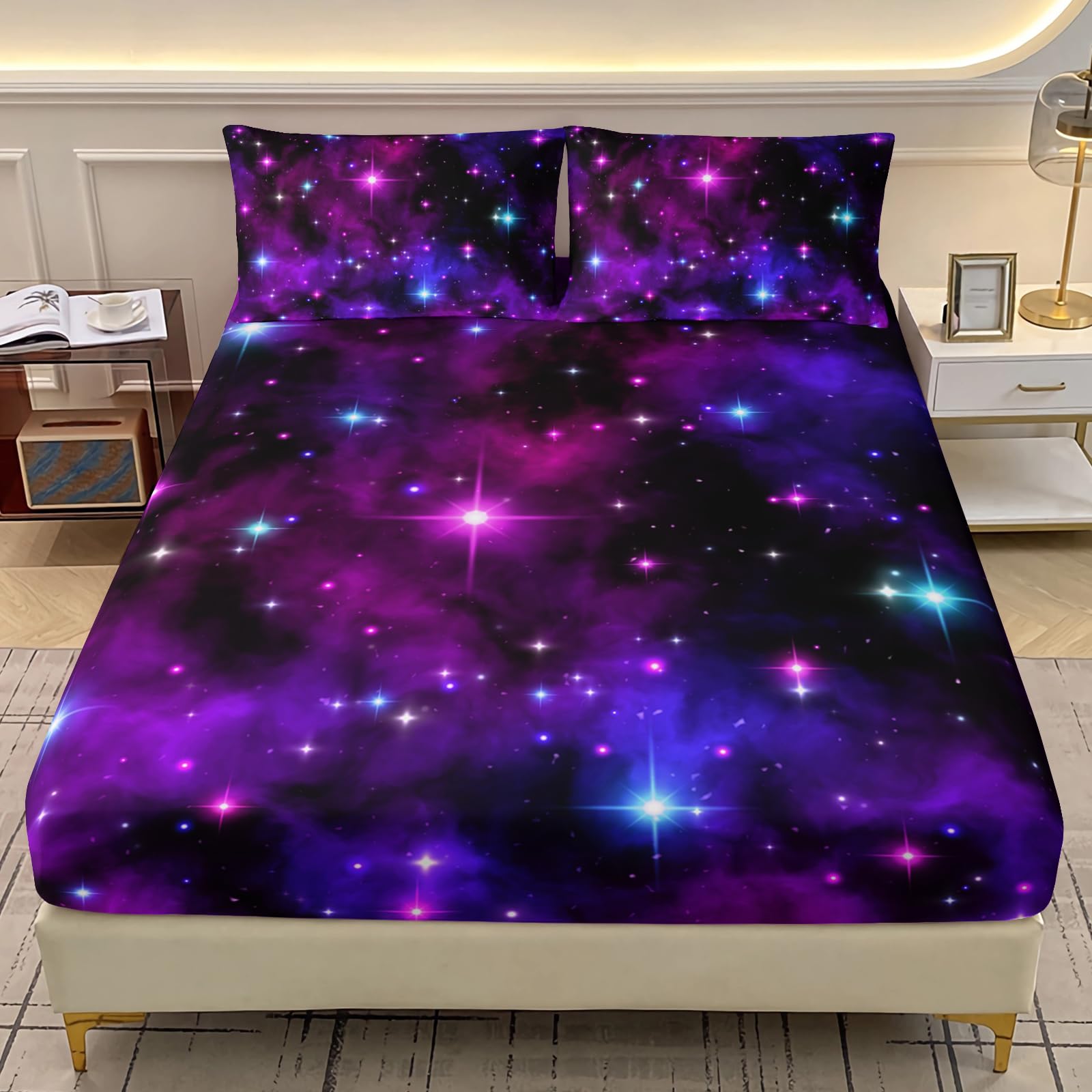 Parure de lit galaxie 3 pièces avec drap housse et taies d'oreiller pour lit simple XL