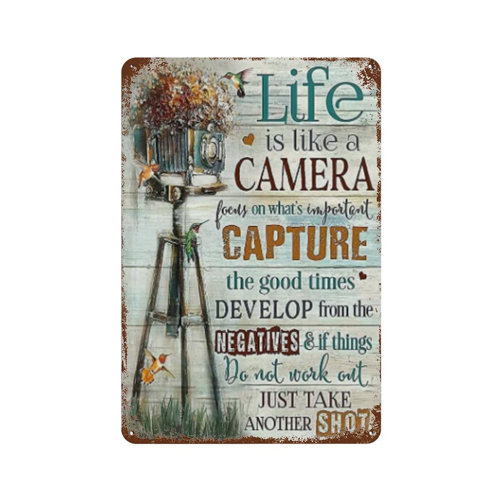 Vintage Tin Sign Photographer Life is Like A Camera Focus On What's Important Capture Retro Wall Art Decor Iron Painting for Home Kitchen Cafe Pub Sign Plaque gifts for photography lovers 12x8 inhces