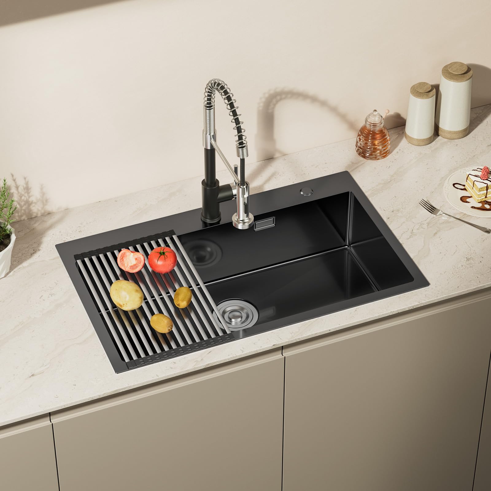 CECIPA 75x45 cm Évier Cuisine noir 1 Bac en Acier Inoxydable, Avec égouttoir pliable, dispositif anti-débordement et un kit de vidange, Convient 80 centimètres plus Évier intégré