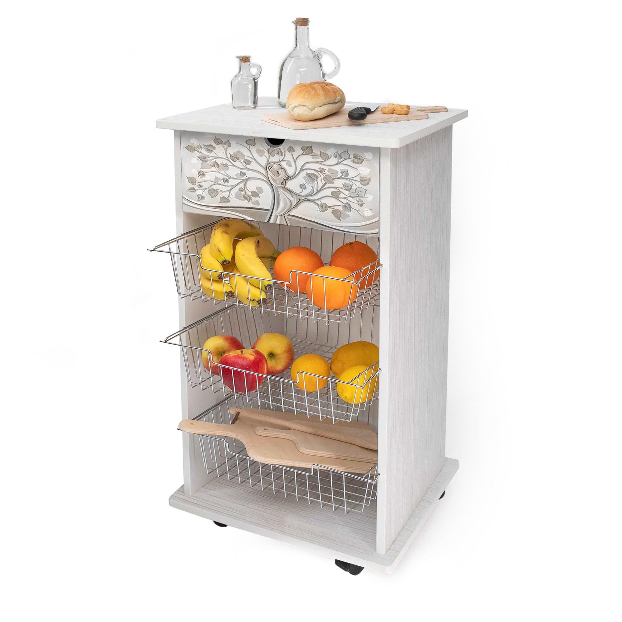 Lupia - Carrello Cucina Multifunzione Bianco WHITE ALBERO ABBRACCIO, Portafrutta Ruote Piroettanti, Piano di Appoggio, tre Cestelli Estraibili in Acciaio, Legno 40X45H85 cm montato