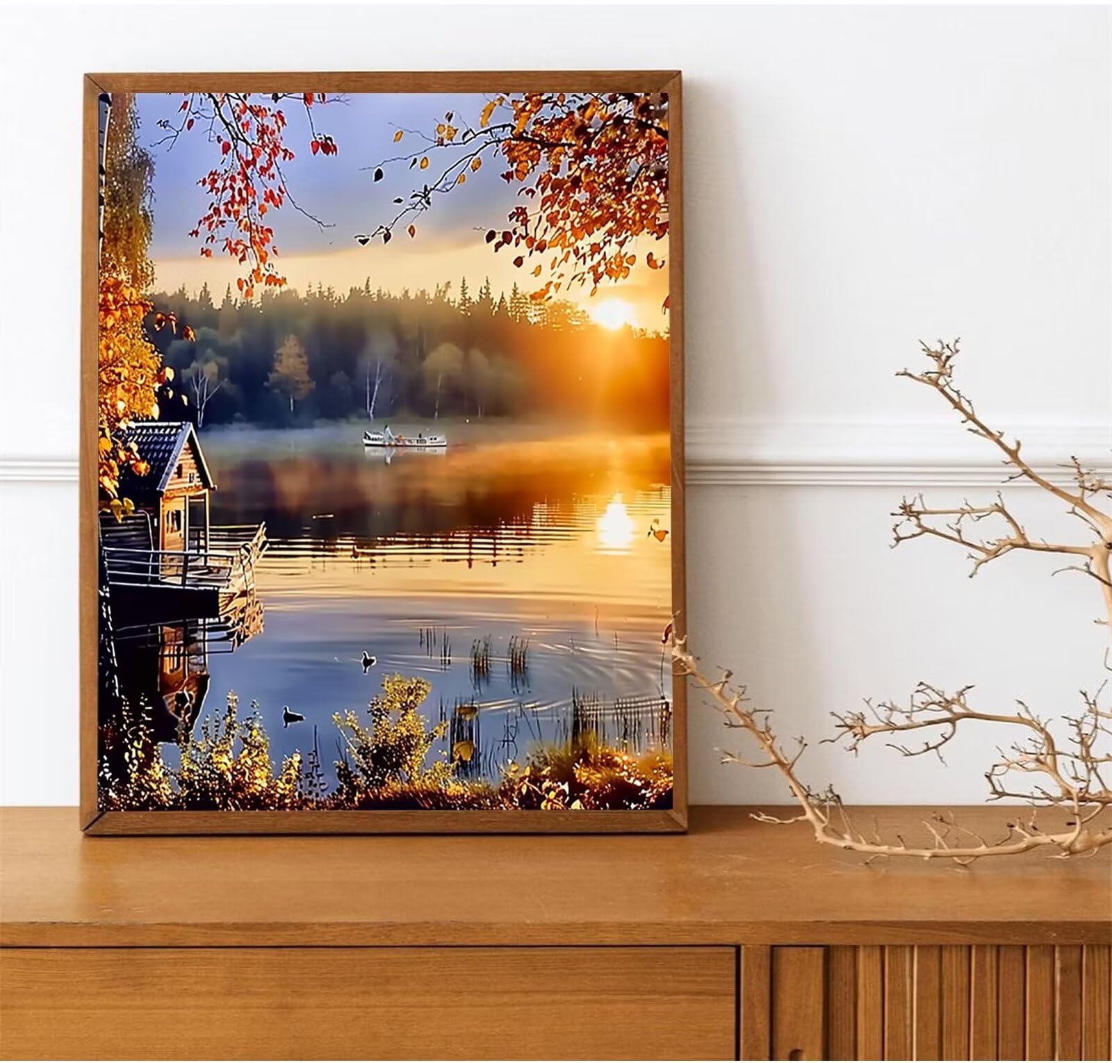 Sonnenuntergang-Malen nach Zahlen für Erwachsene, DIY digitales Ölgemälde-Set auf Leinwand mit Pinseln und Acrylpigment, Landschaft Street Artwork für Heimdekoration 60x80cm (mit Rahmen)