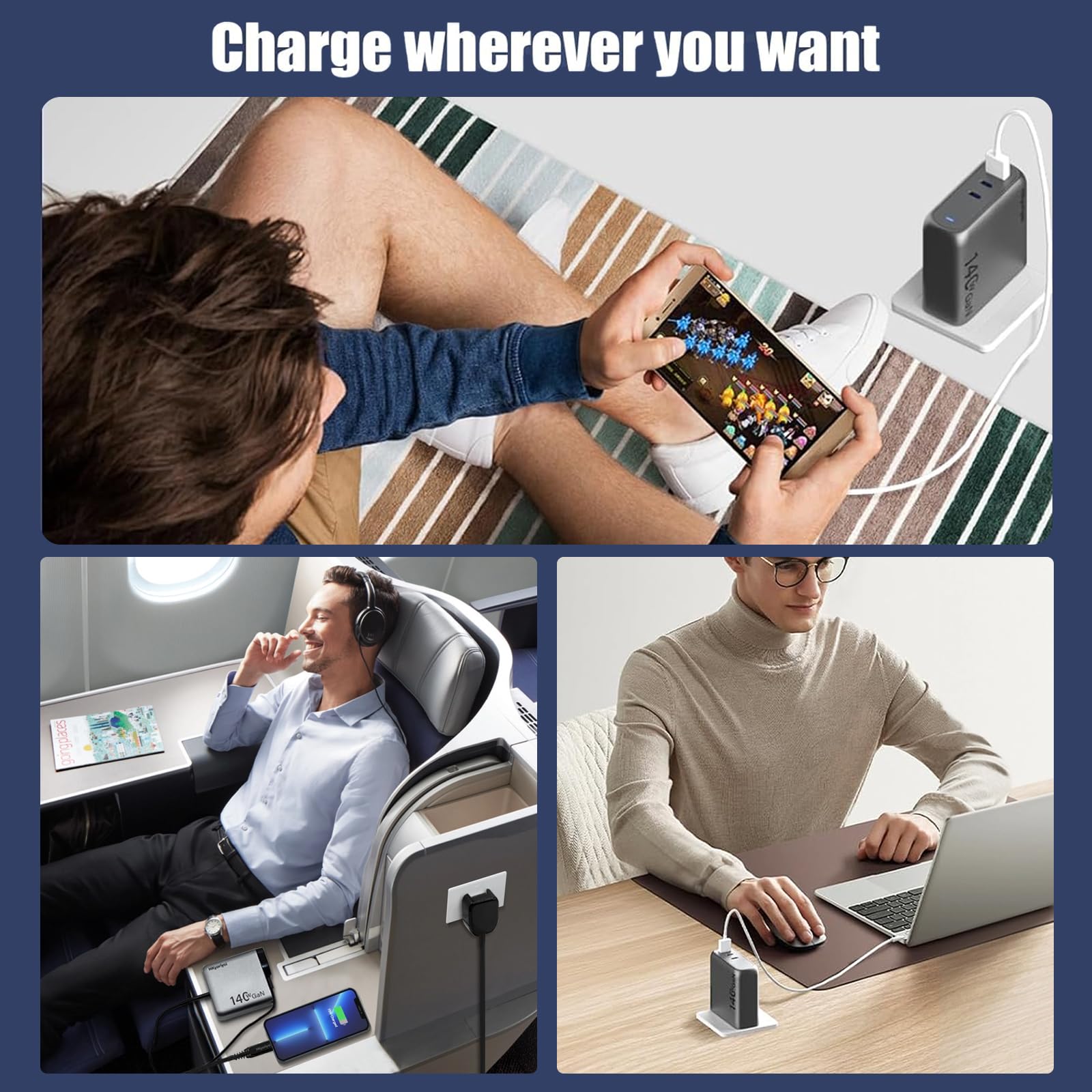 Cargador de pared USB C de 140 W GaN+ de 100 W, cargador rápido para laptop, PD3.1 PPS, 3 puertos, USB C, adaptador de corriente para MacBook Pro de 16 pulgadas, Dell XPS, iPhone 16/15 Pro Max, iPad