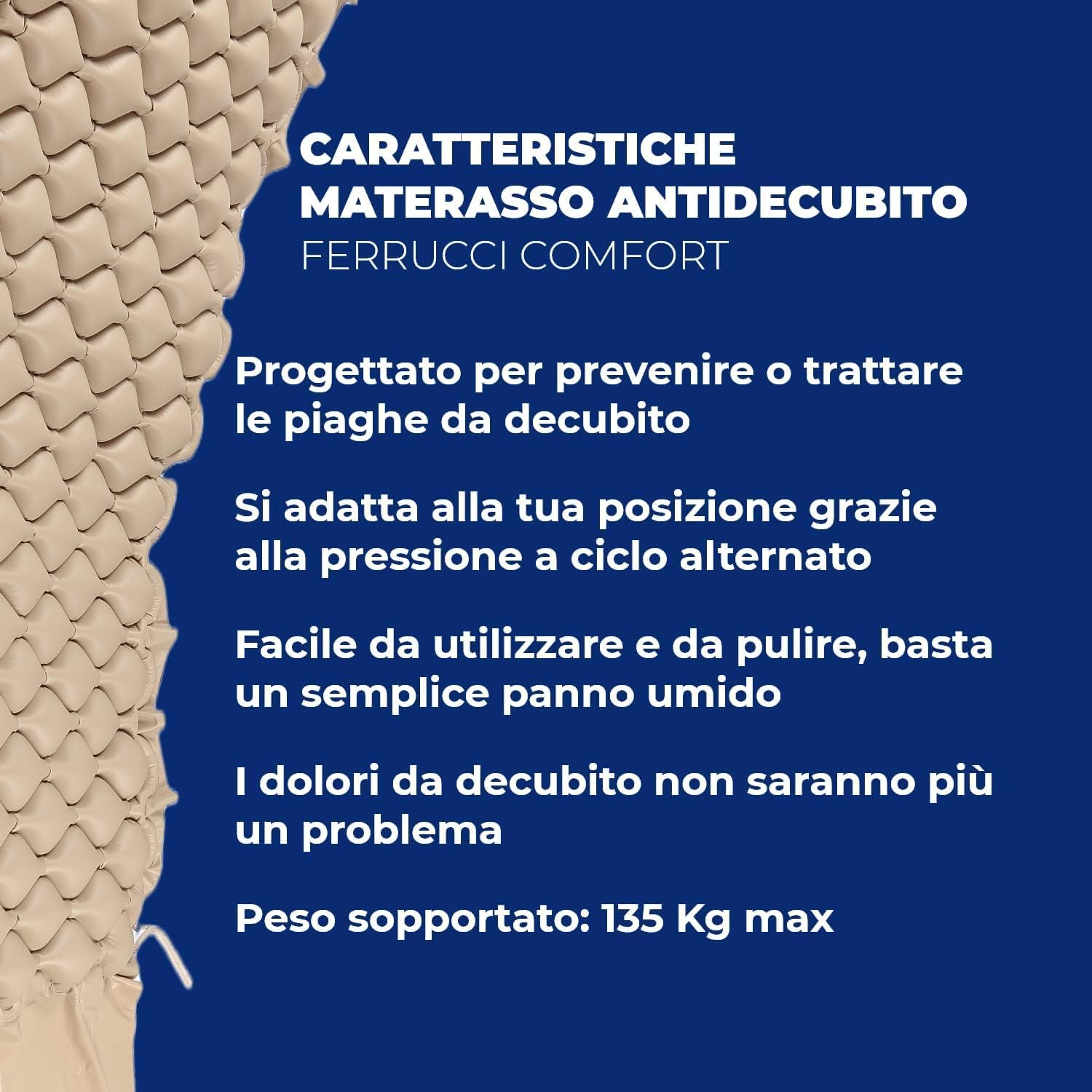 Materasso Antidecubito a Bolle con Compressore Elettrico Regolabile per Anziani e Allettati, Antipiaga, Ciclo Alternato, PVC, Dispositivo Medico Classe 1 Professionale, Pompa Inclusa, Capacità 135Kg