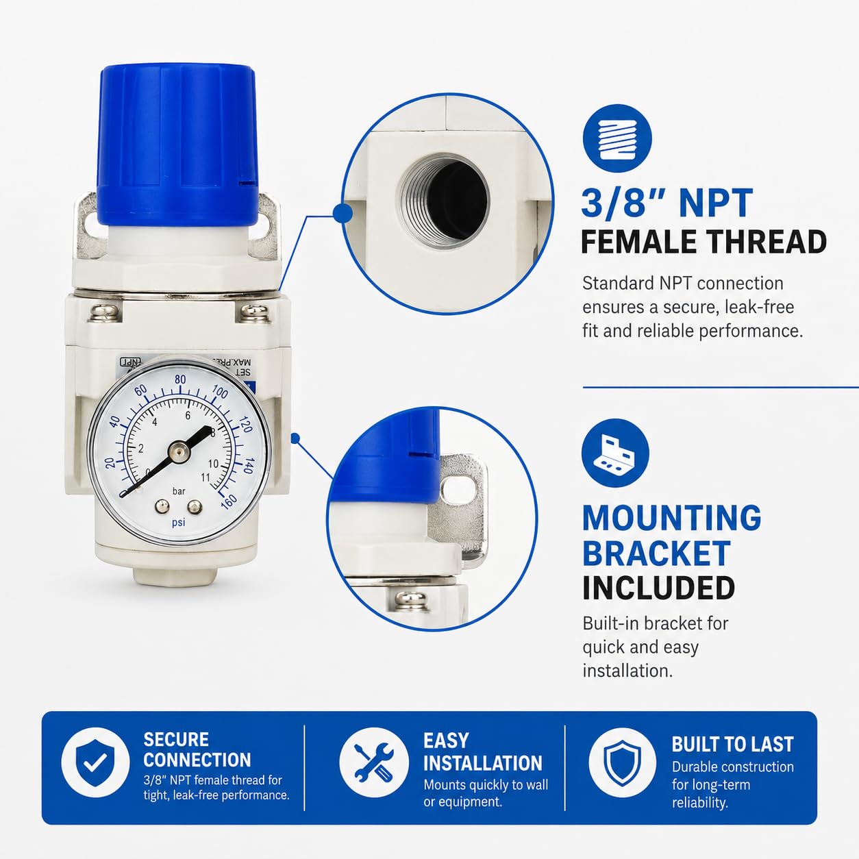 BLCH NPT regulator ciśnienia powietrza 3/8" – regulator ciśnienia powietrza do sprężarki, sprężarki powietrza, system suszenia powietrza AR3000-03, manometr 0-160 PSI