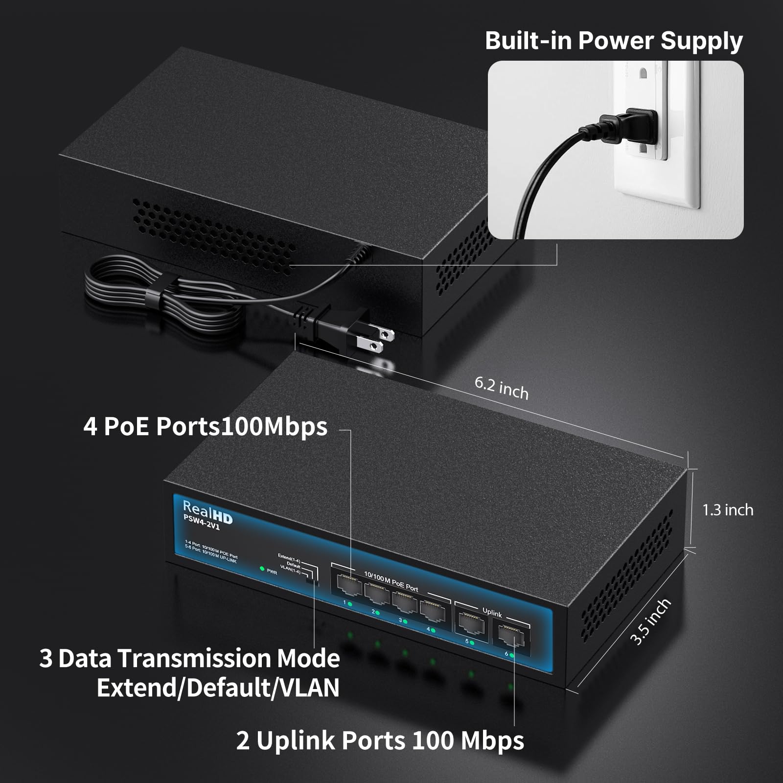 6 Port PoE Switch, 4 Ports 10/100Mbps PoE+ 2 Ethernet Uplink
