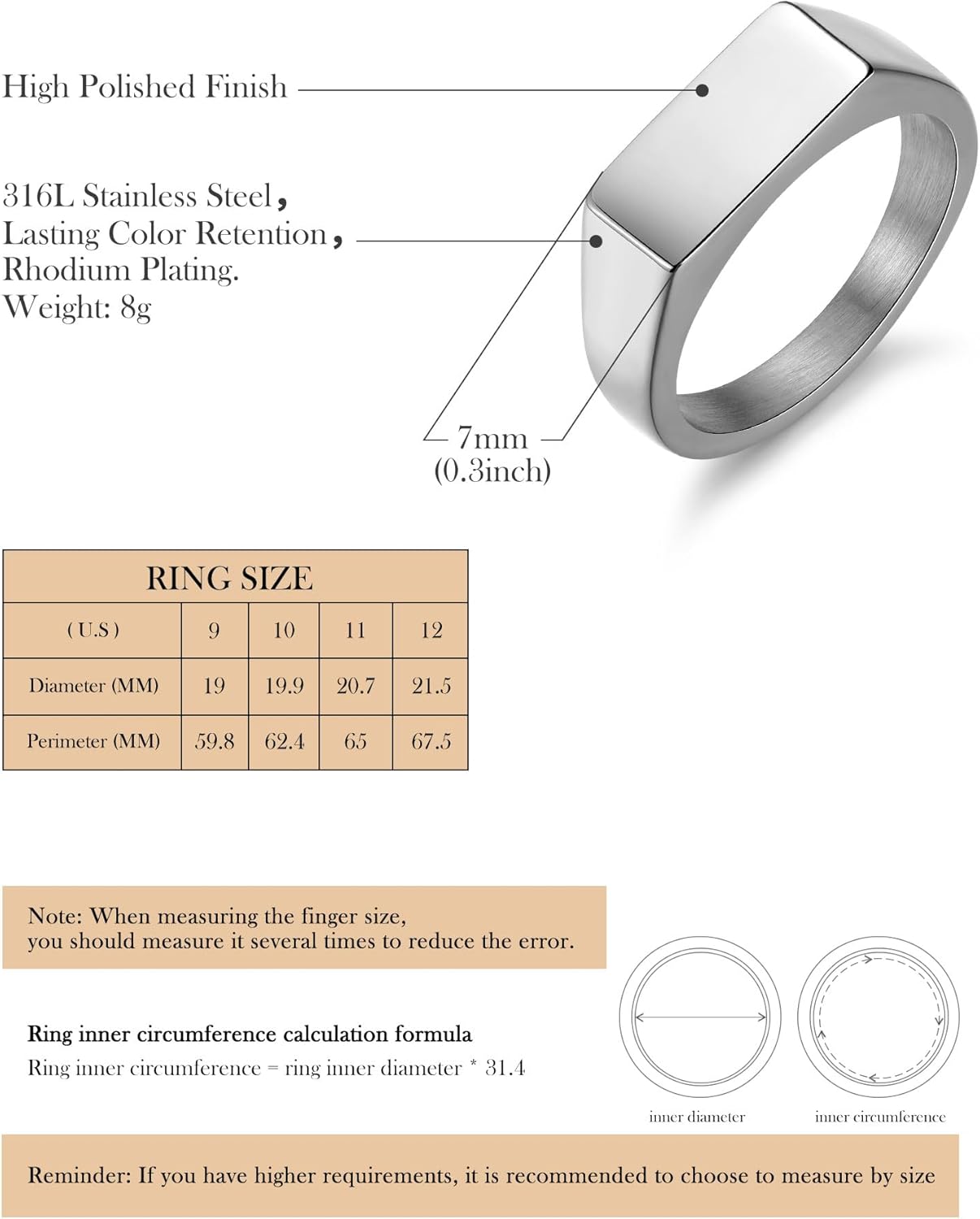 Stainless Steel Signet Ring - 316L Mens Finger Ring for Men Women - Rhodium Plated Cool Band Ring Jewelry for Father Husband Son Friend - Image 6