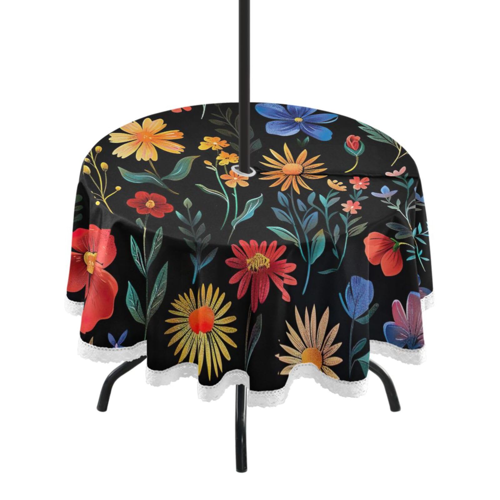 Wajiw 60 Inch Indoor Outdoor Round Tablecloth with Umbrella Hole and Zipper Waterproof Patio Table Cover for Camping Dining Room Party Outdoor Picnic,Wildflowers