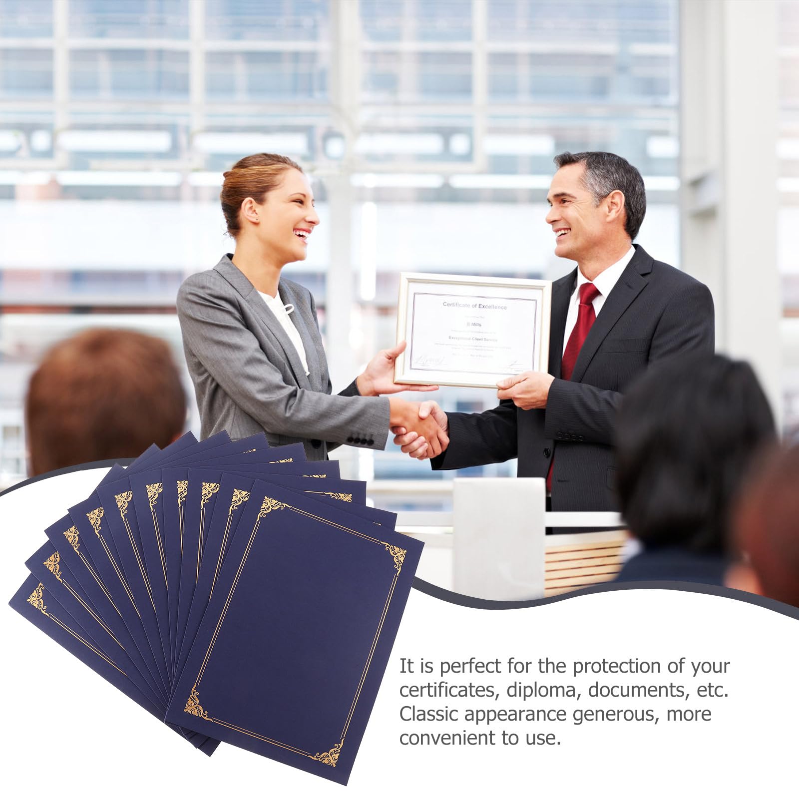 10 fundas para Certificados de Papel Azul Borde de Lámina Dorada Porta Documentos para Diplomas y Premios Protector Oficina y Es Paquete de 10 Piezas